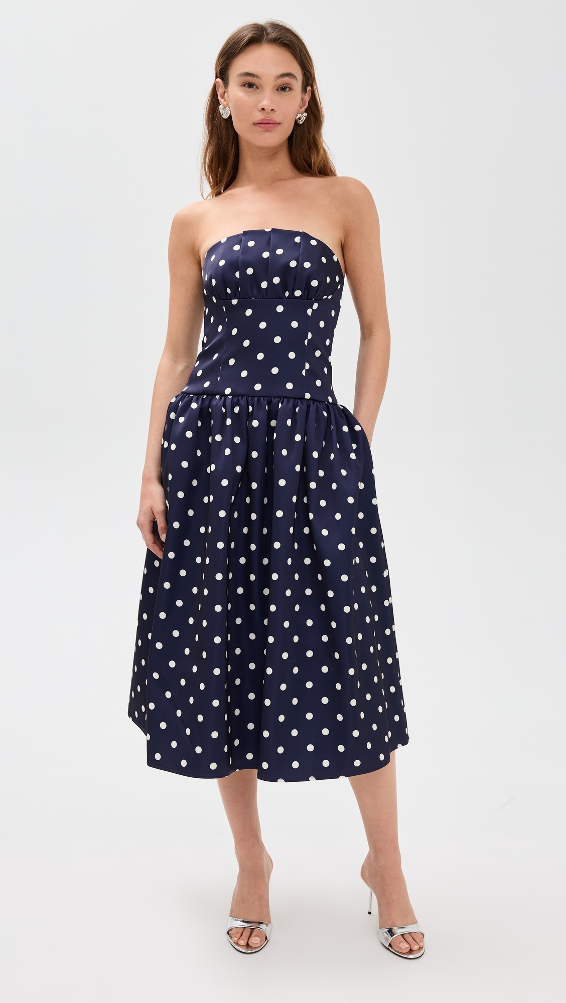 Navy Polka Dot Satin Midi Dress - 1