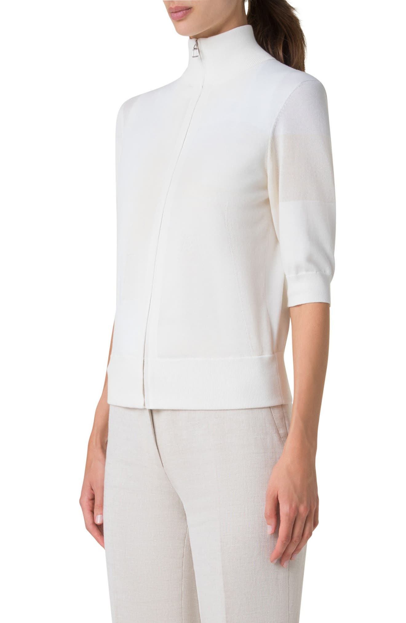 Akris Trapeze Rayonnant Jacquard Full Zip Cardigan in Ecru at Nordstrom - 3