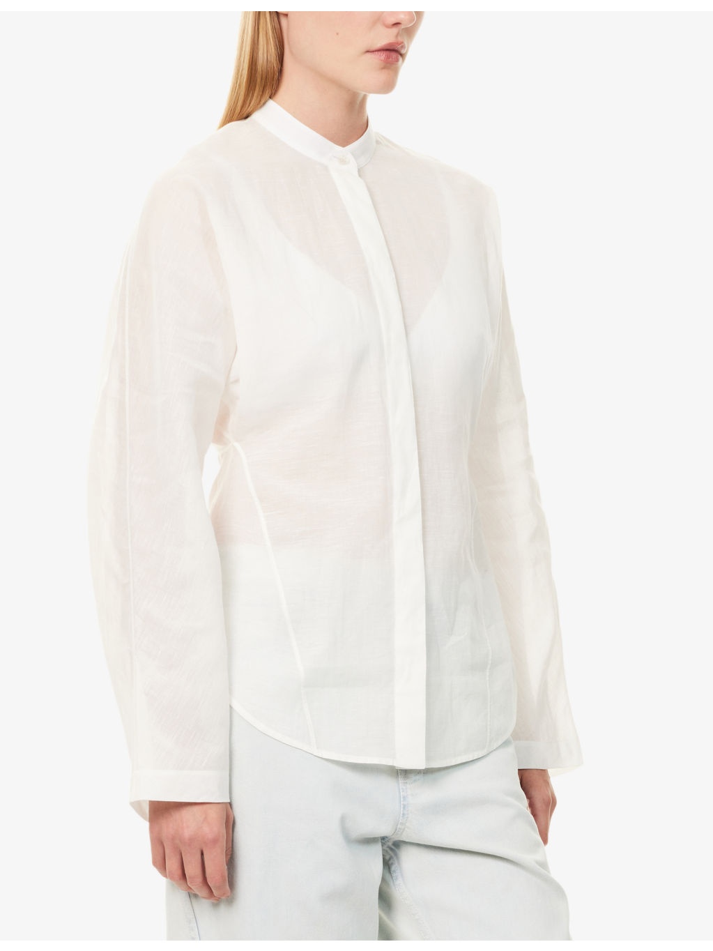Curved Mock-Neck Cotton and Linen-Blend Shirt - 3