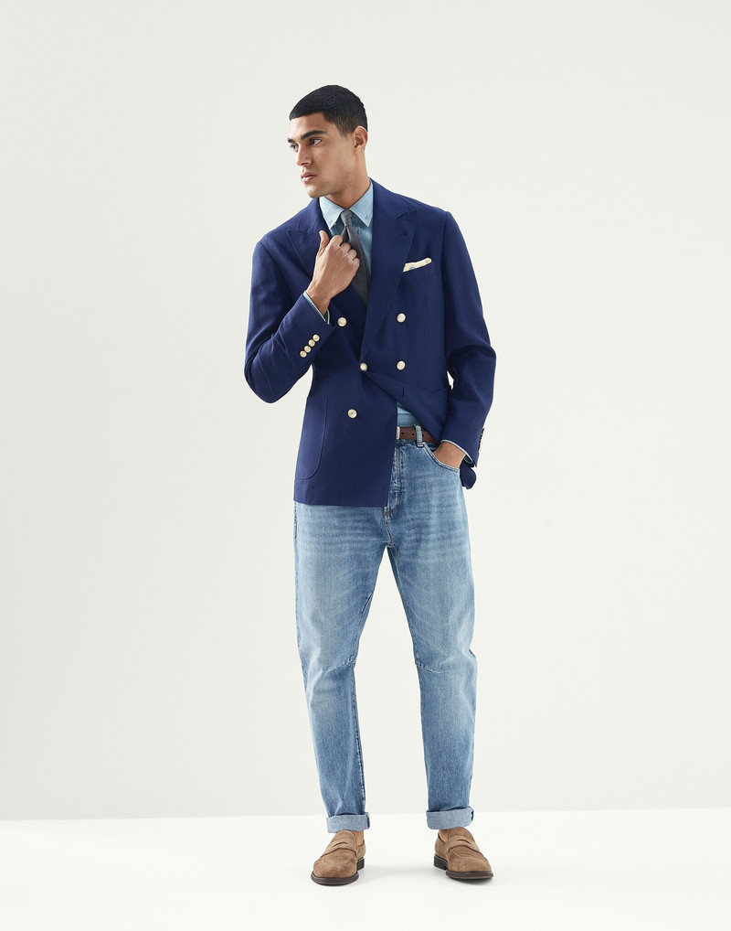 Brunello Cucinelli Aged denim leisure fit five-pocket trousers outlook