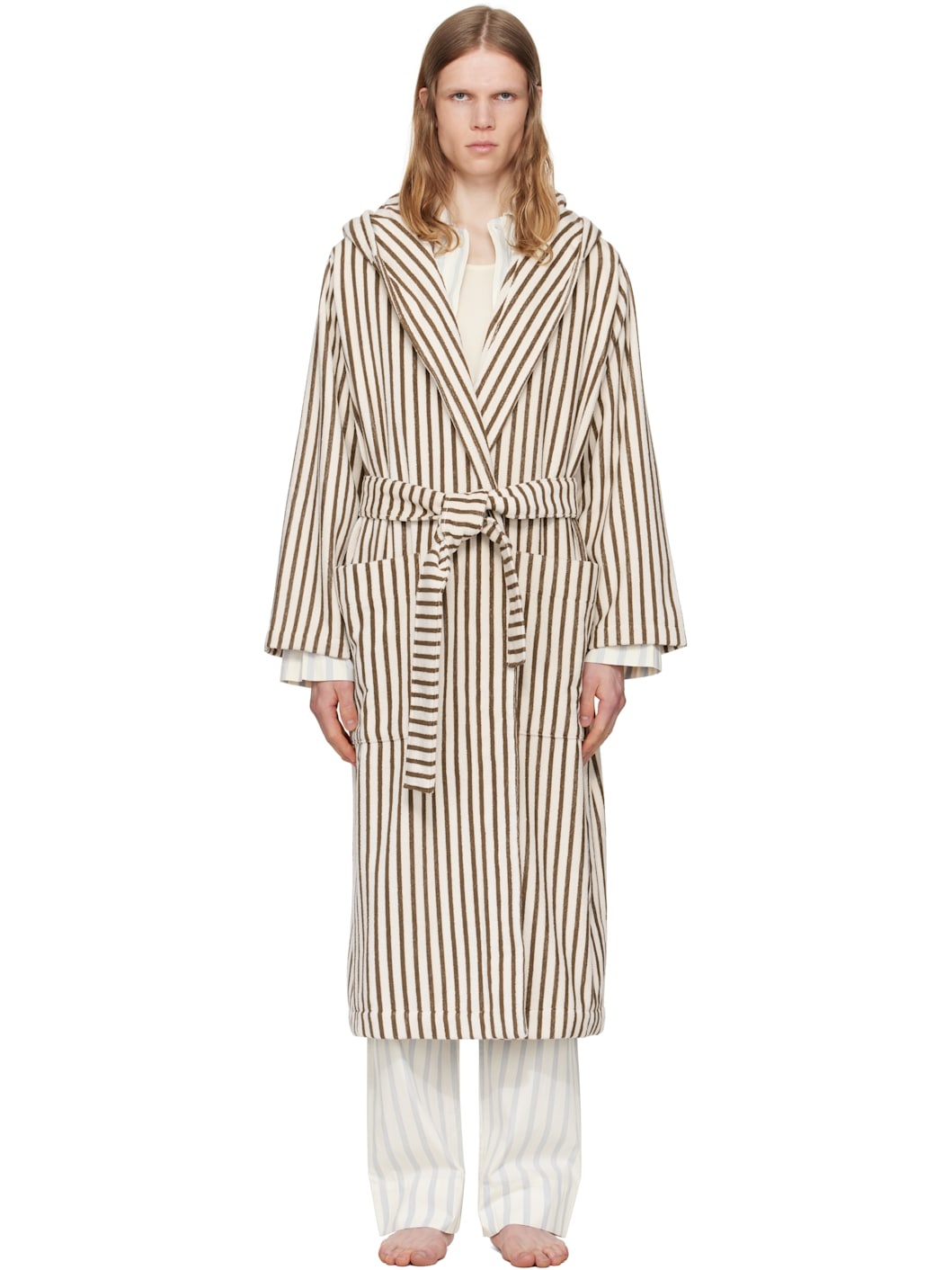 Off-White & Brown Terry Hooded Bathrobe - 1