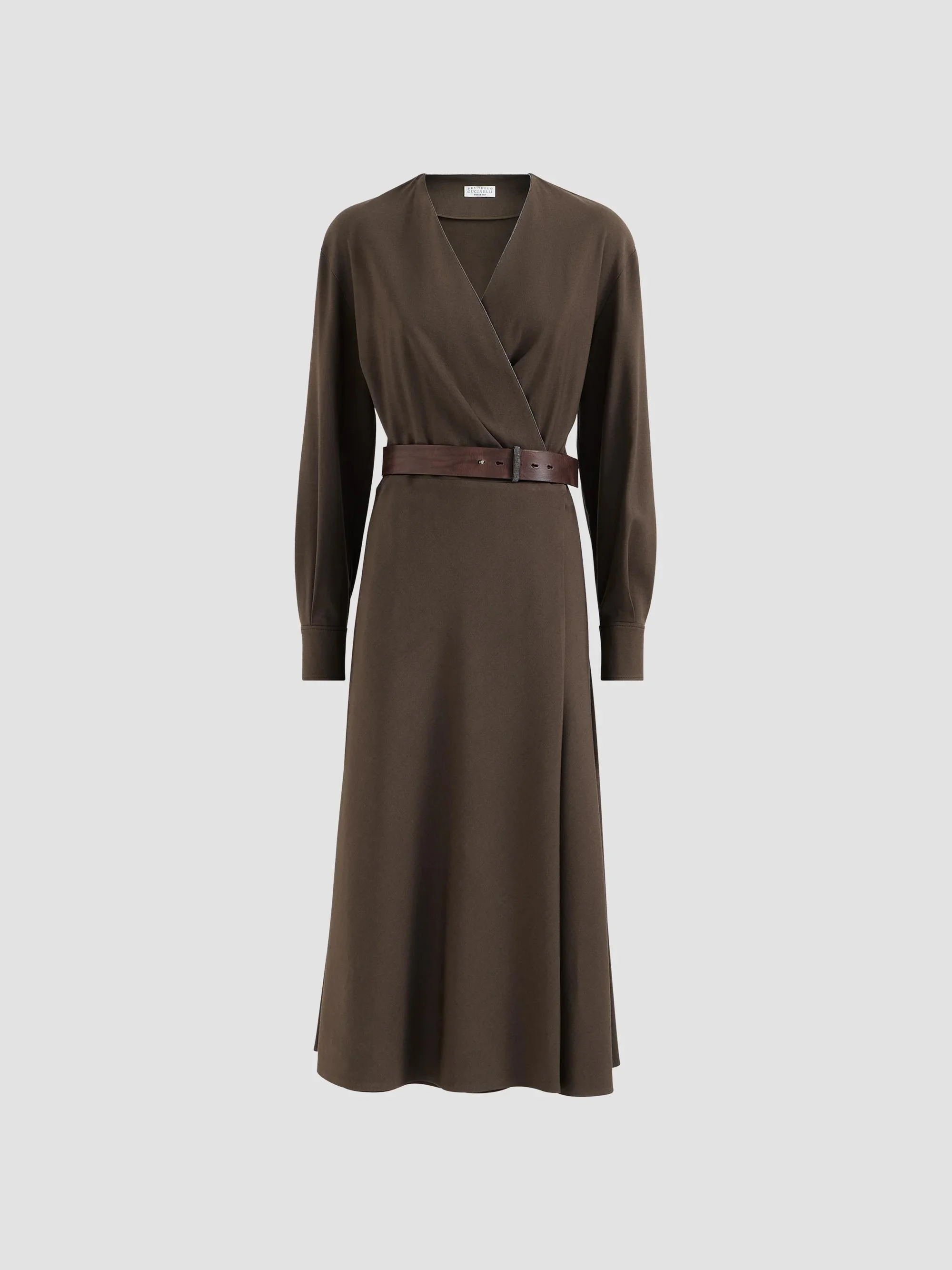 Women's Comfort Virgin Wool and Viscose Twill Dress with Belt and Monili - Pine Cone Brown - 1