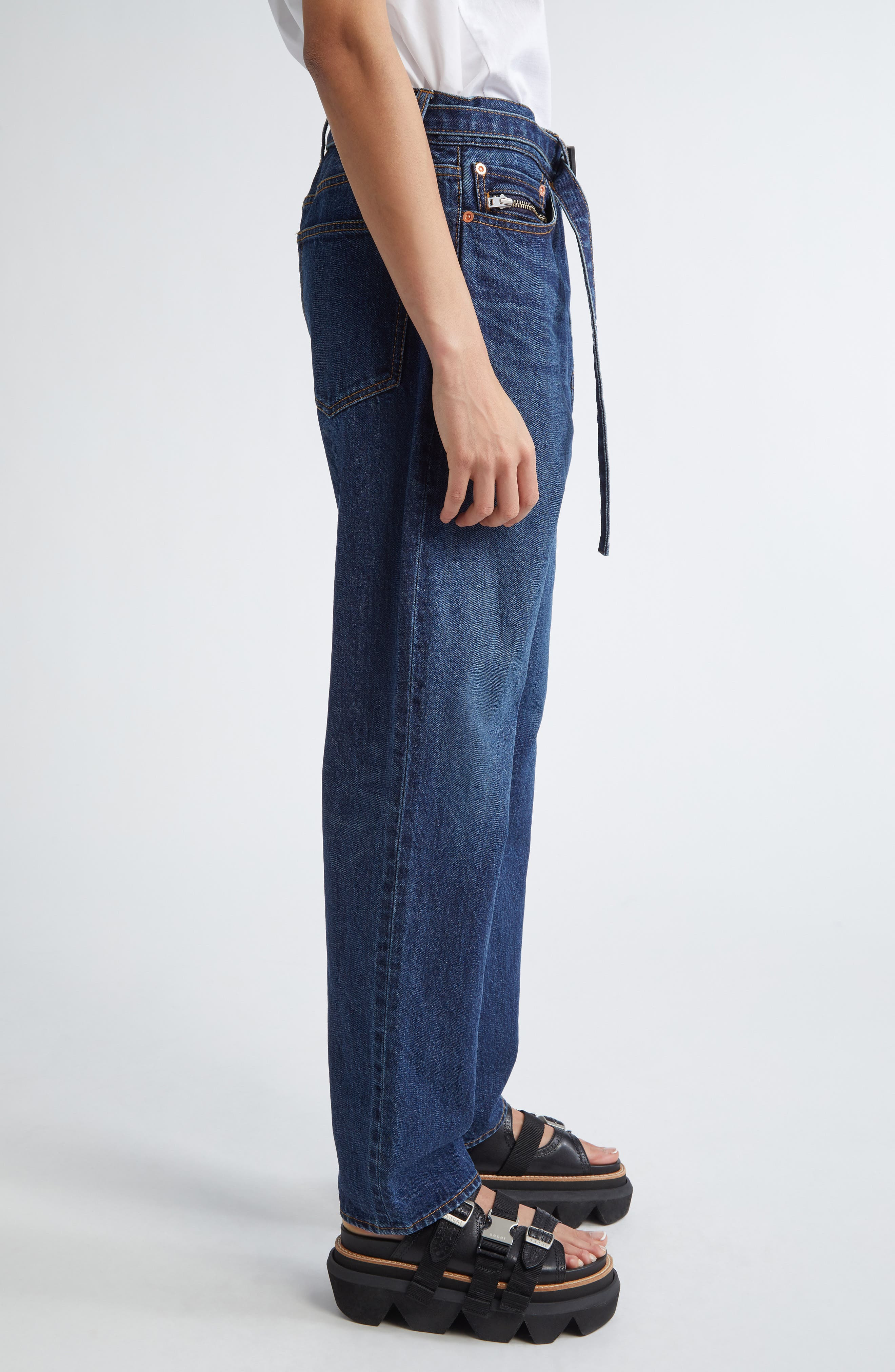 Sacai Belted Straight Leg Jeans in Blue 401 at Nordstrom - 4