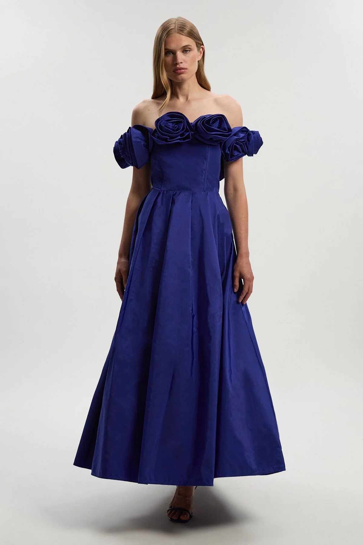 Petite Drama Taffeta Rosette Woven Maxi Prom Dress - 1