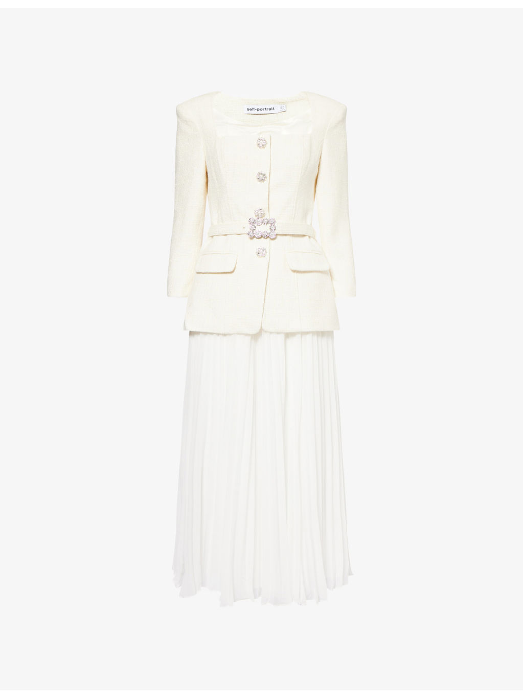 Long-Sleeve Boucle Chiffon Midi Dress - 1