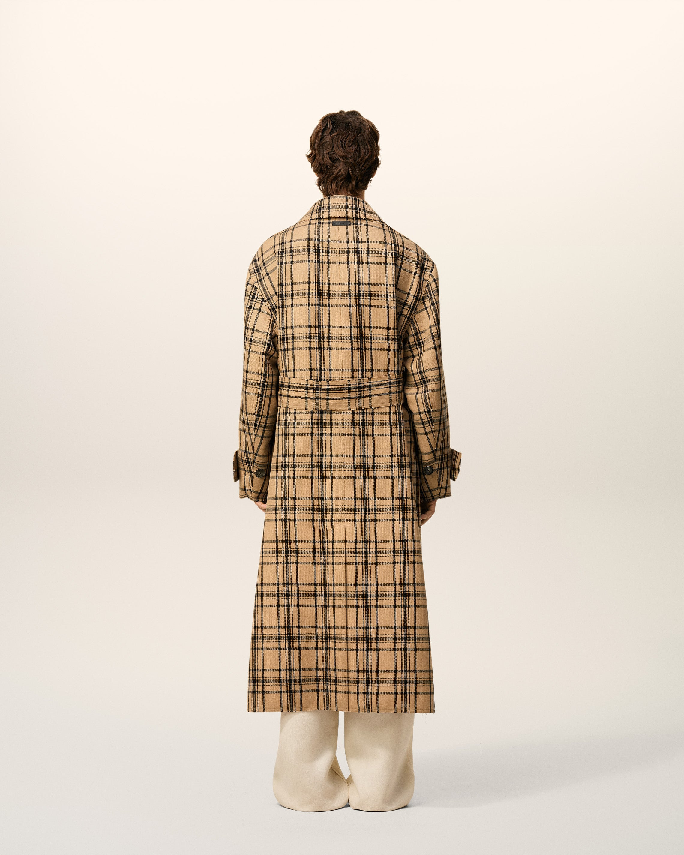 BROWN WOOL CHECKED BELTED MAC - 5
