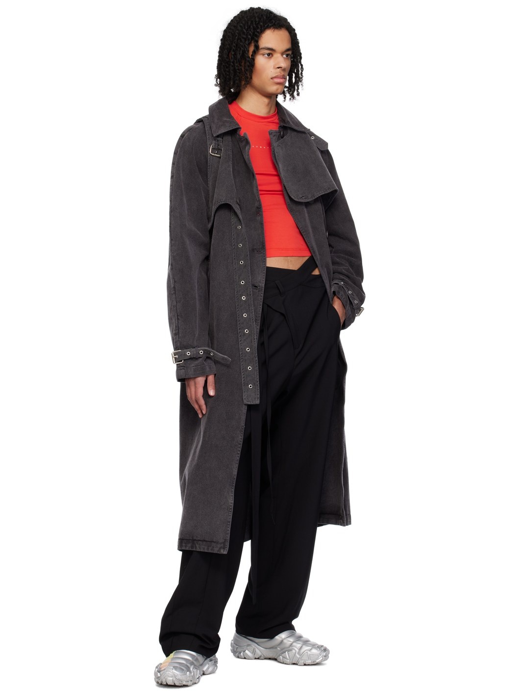 Black Belted Denim Trench Coat - 4