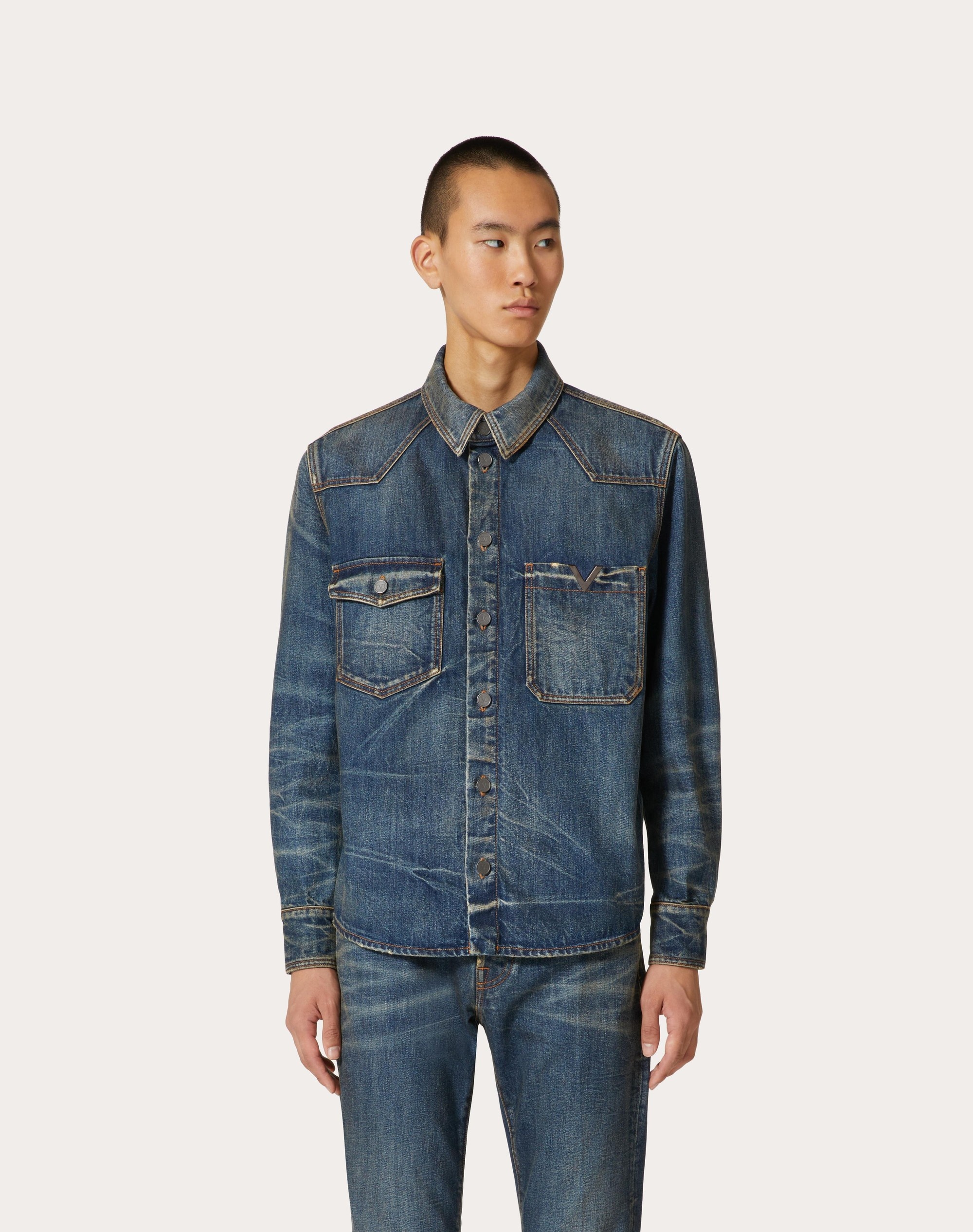 DENIM SHIRT WITH METALLIC V DETAIL - 3