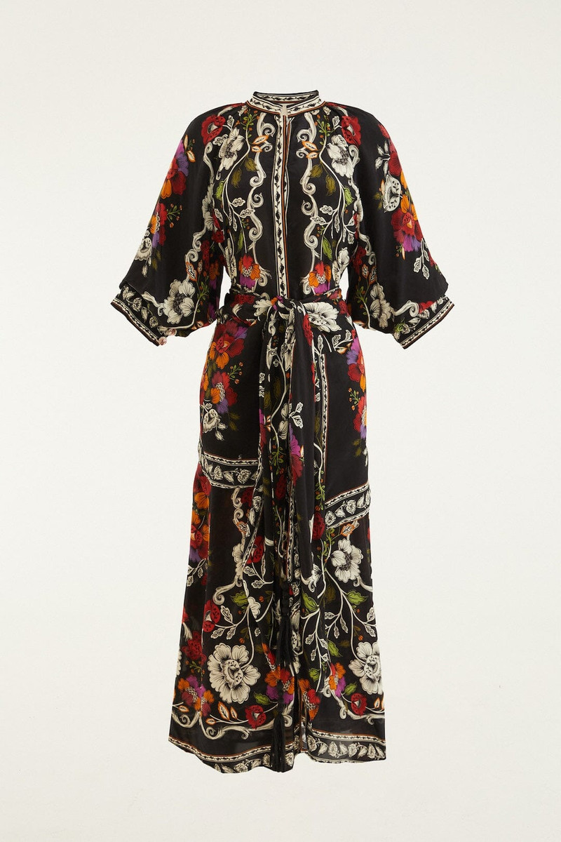 Black Rococo Flowers Belted Midi Dress 5