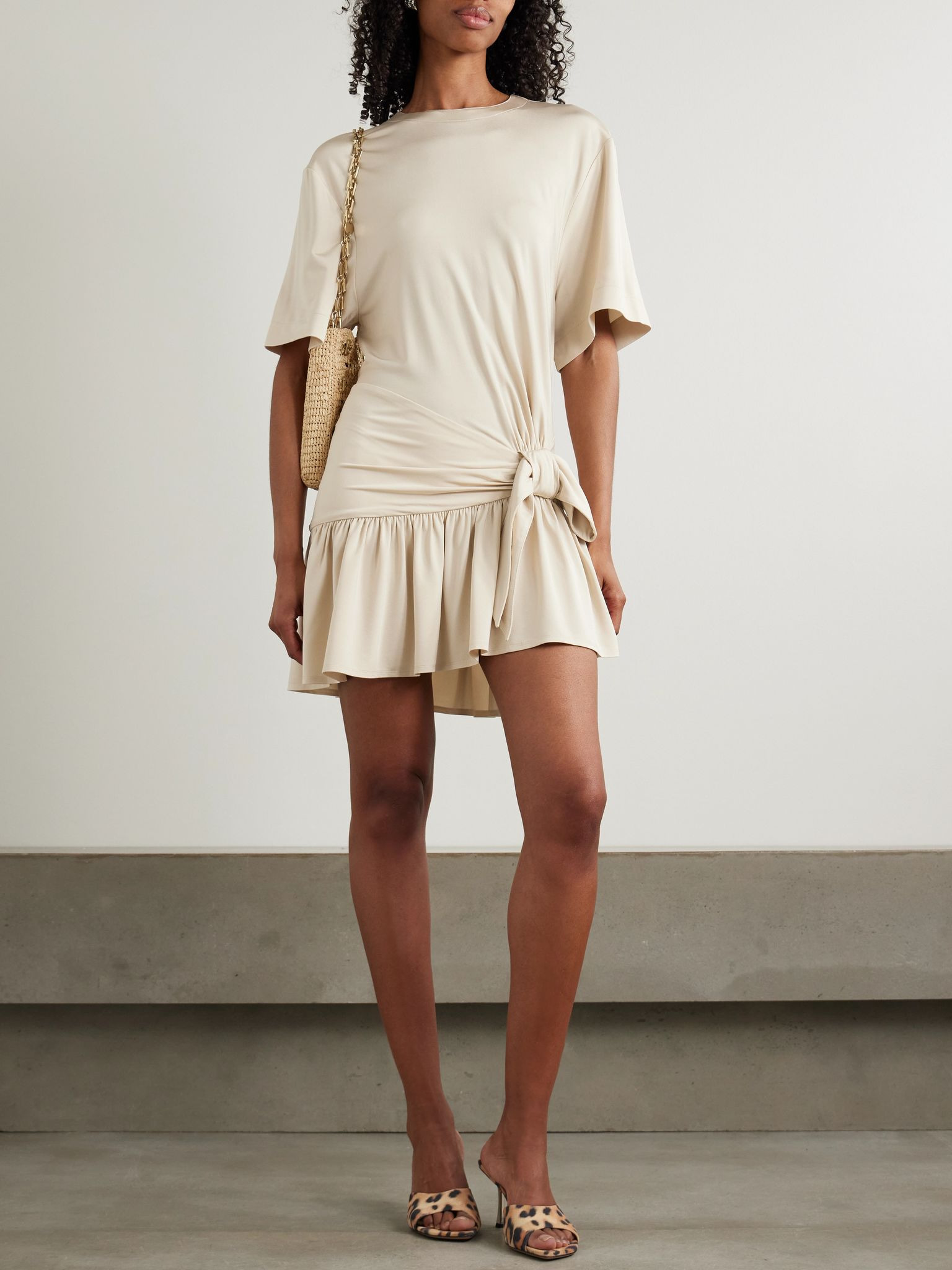 Asymmetric bow-detailed gathered satin-jersey mini dress Neutral - 2