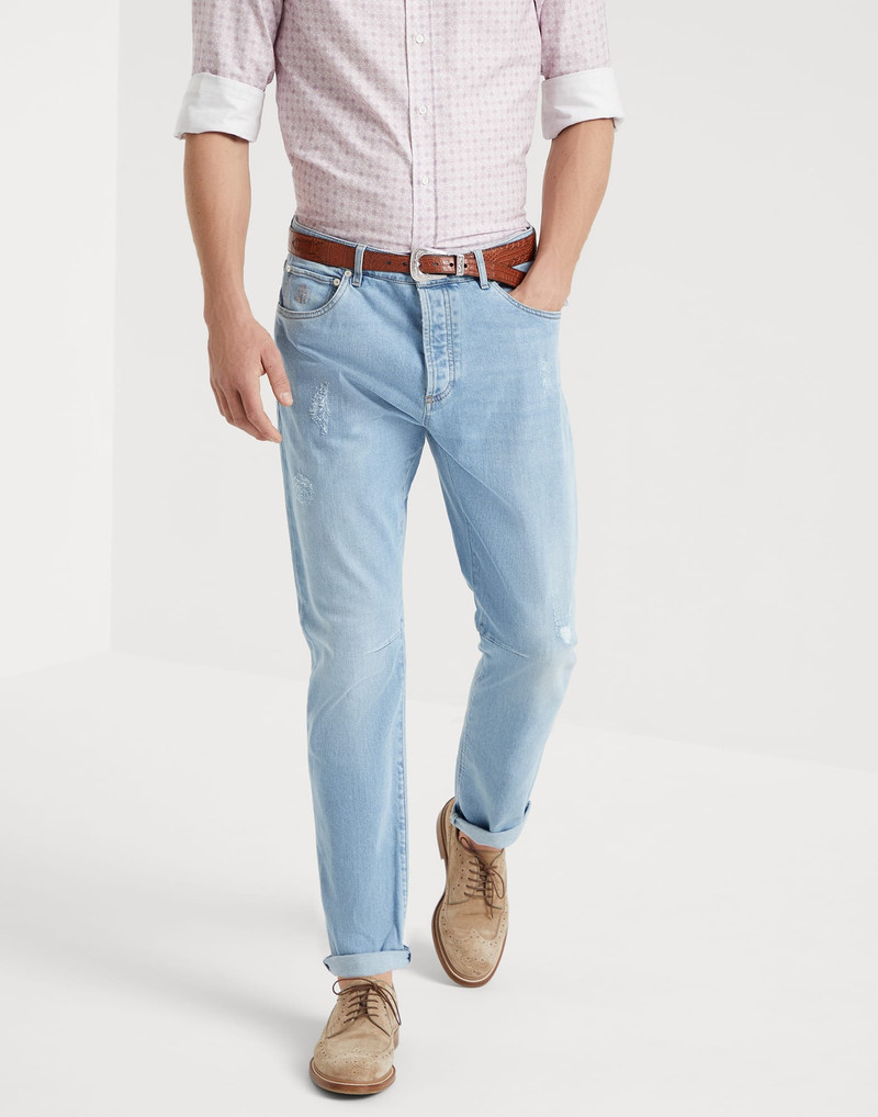 Comfort cotton denim leisure fit five-pocket trousers with rips 1