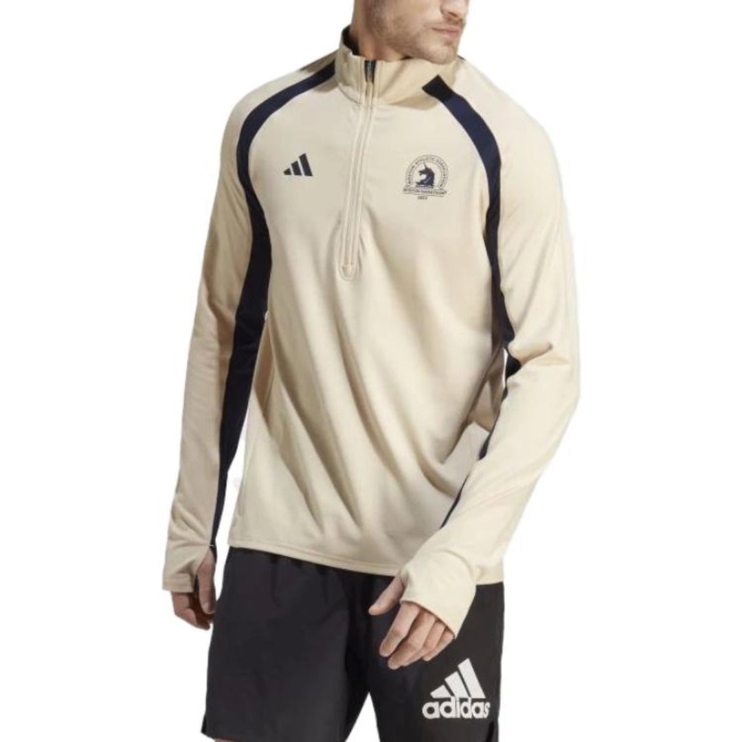 adidas Boston Marathon 1/2-Zip Long Sleeve Running T-Shirt 'Beige Black' HY3259 - 3