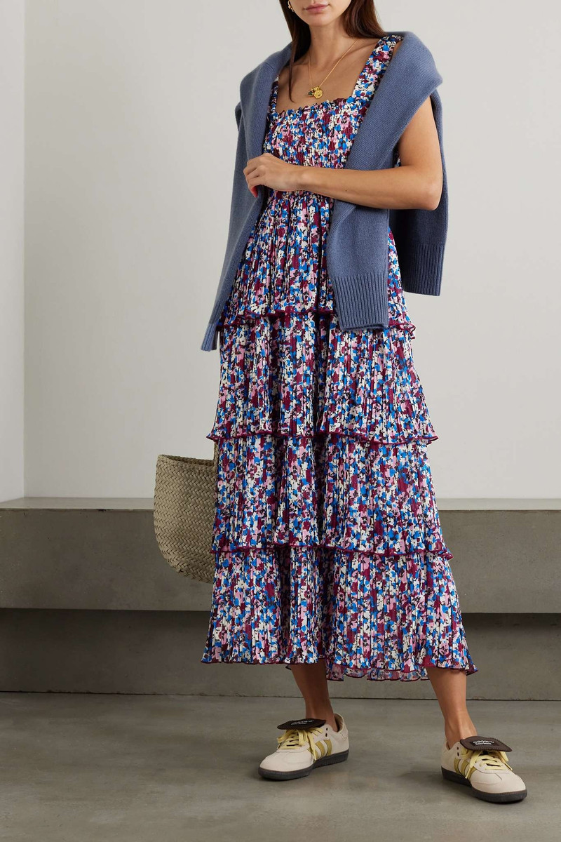 GANNI Tiered pleated floral-print recycled-georgette midi dress outlook
