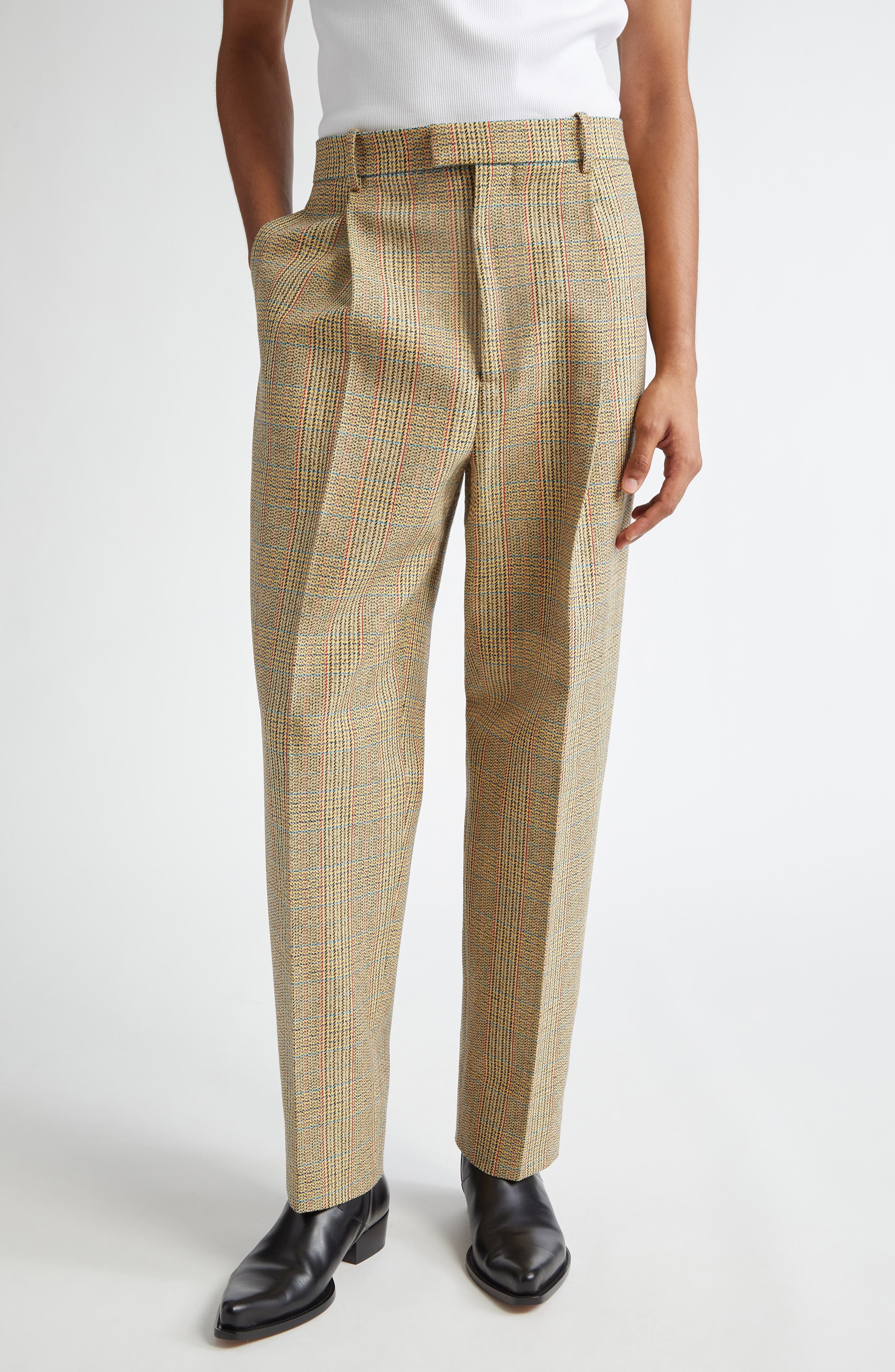 Bottega Veneta Distorted Prince of Wales Plaid Wool Blend Pants in 1487 Beige/Yellow/Blue at Nordstr - 1