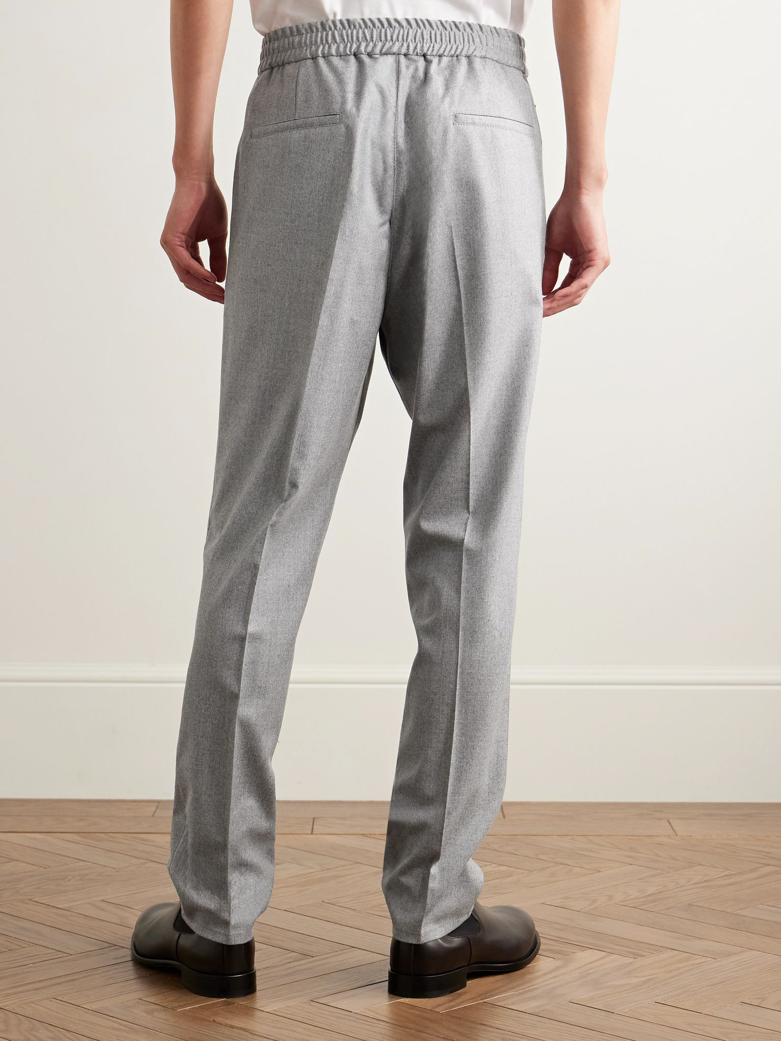 Tapered Pleated Virgin Wool-Flannel Drawstring Trousers Gray - 4