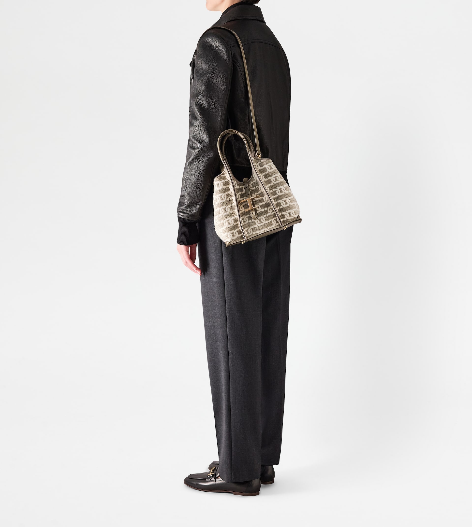 T TIMELESS SHOPPING BAG IN FABRIC AND LEATHER MINI - GREY, OFF WHITE - 9