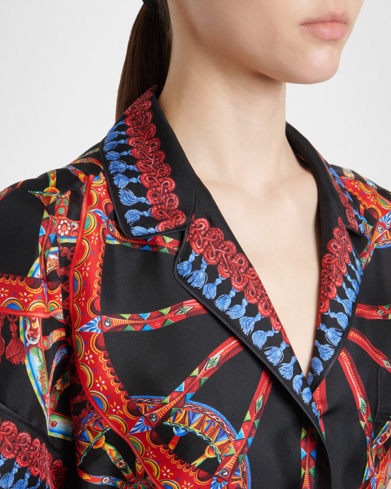 Short-Sleeve Carretto-Print Silk Twill Belted Pajama Shirt 5