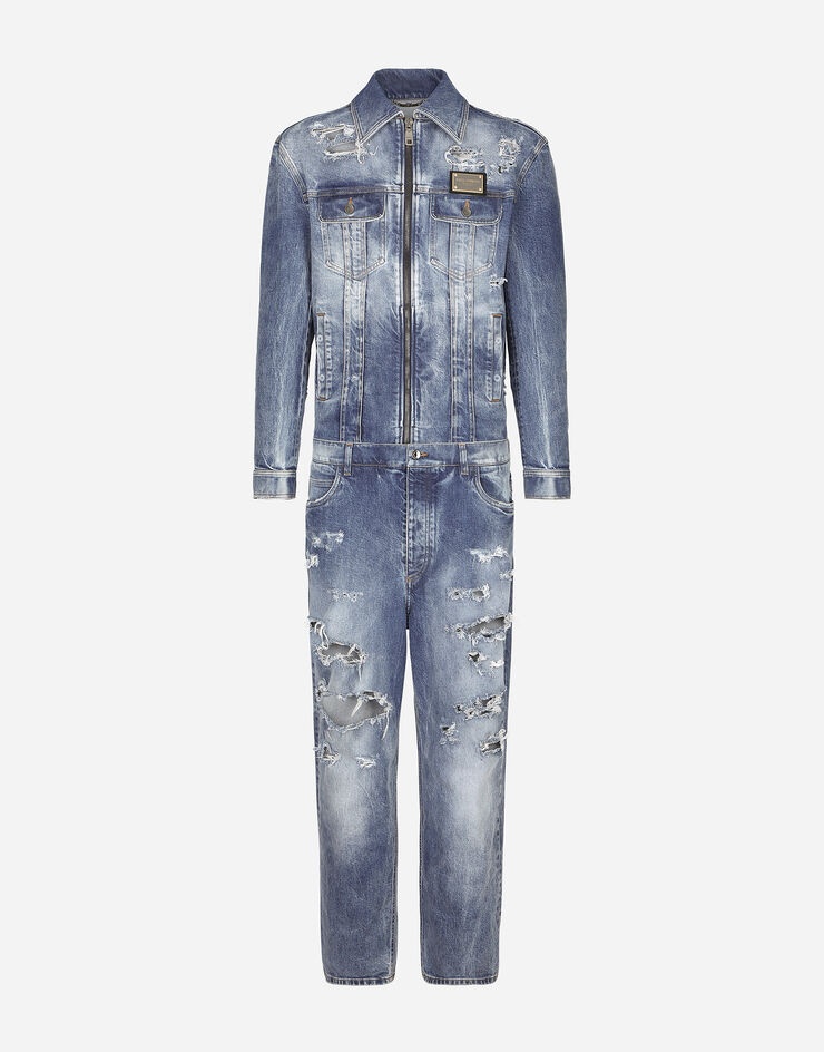 Light blue mixed-denim jumpsuit with rips - 1
