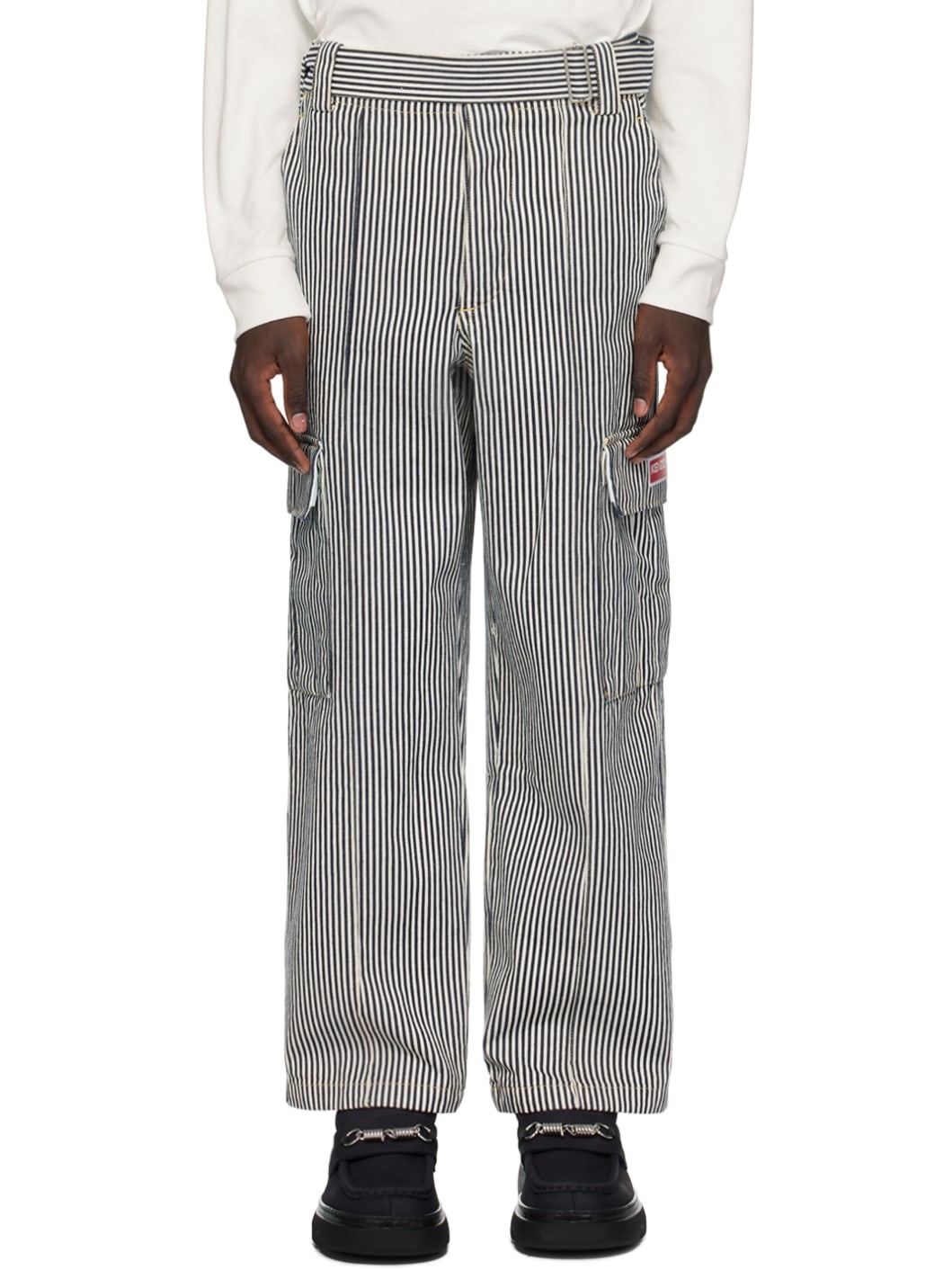 Black & White Kenzo Paris Striped Denim Cargo Pants - 1