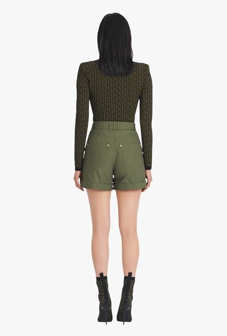 Khaki denim high-waisted shorts with Balmain buckle - 3