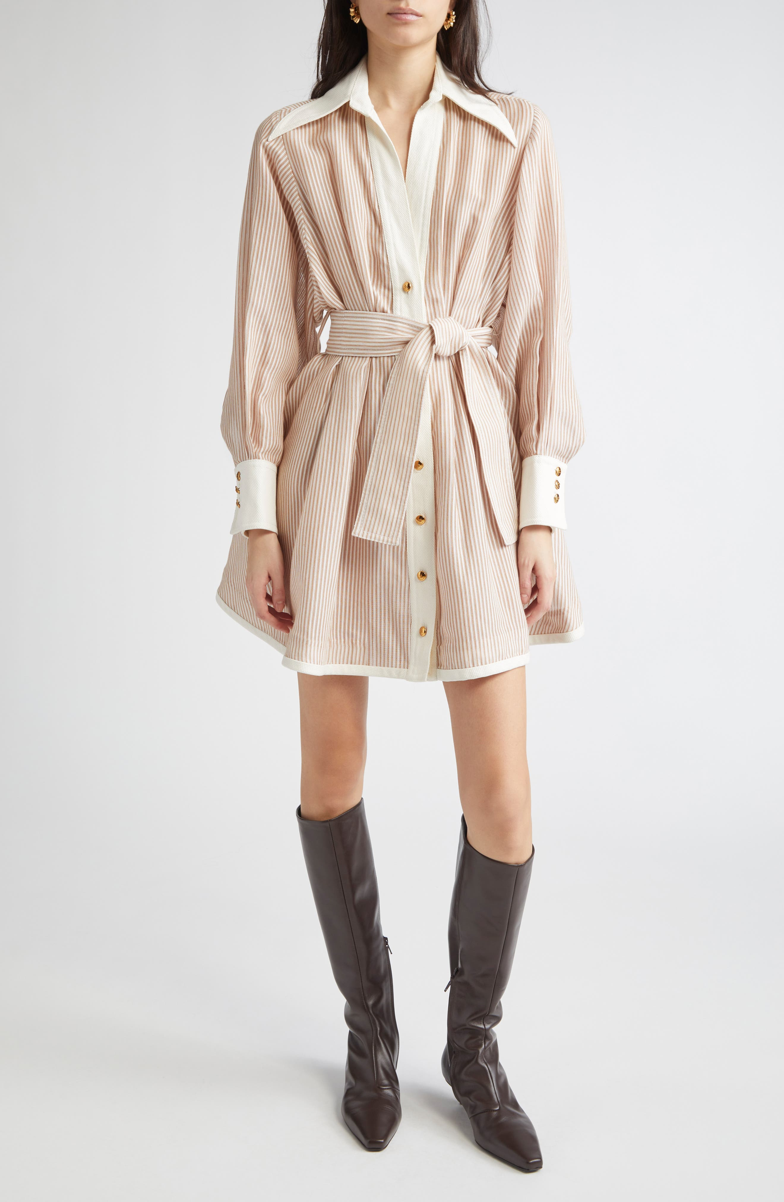 Zimmermann Hypnotic Stripe Long Sleeve Belted Cotton & Silk Minidress in Tan Stripe at Nordstrom - 1