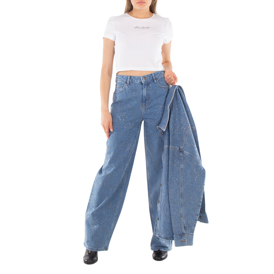 Rotate Ladies Light Blue Denim Rhinestone Wide Leg Jeans - 4