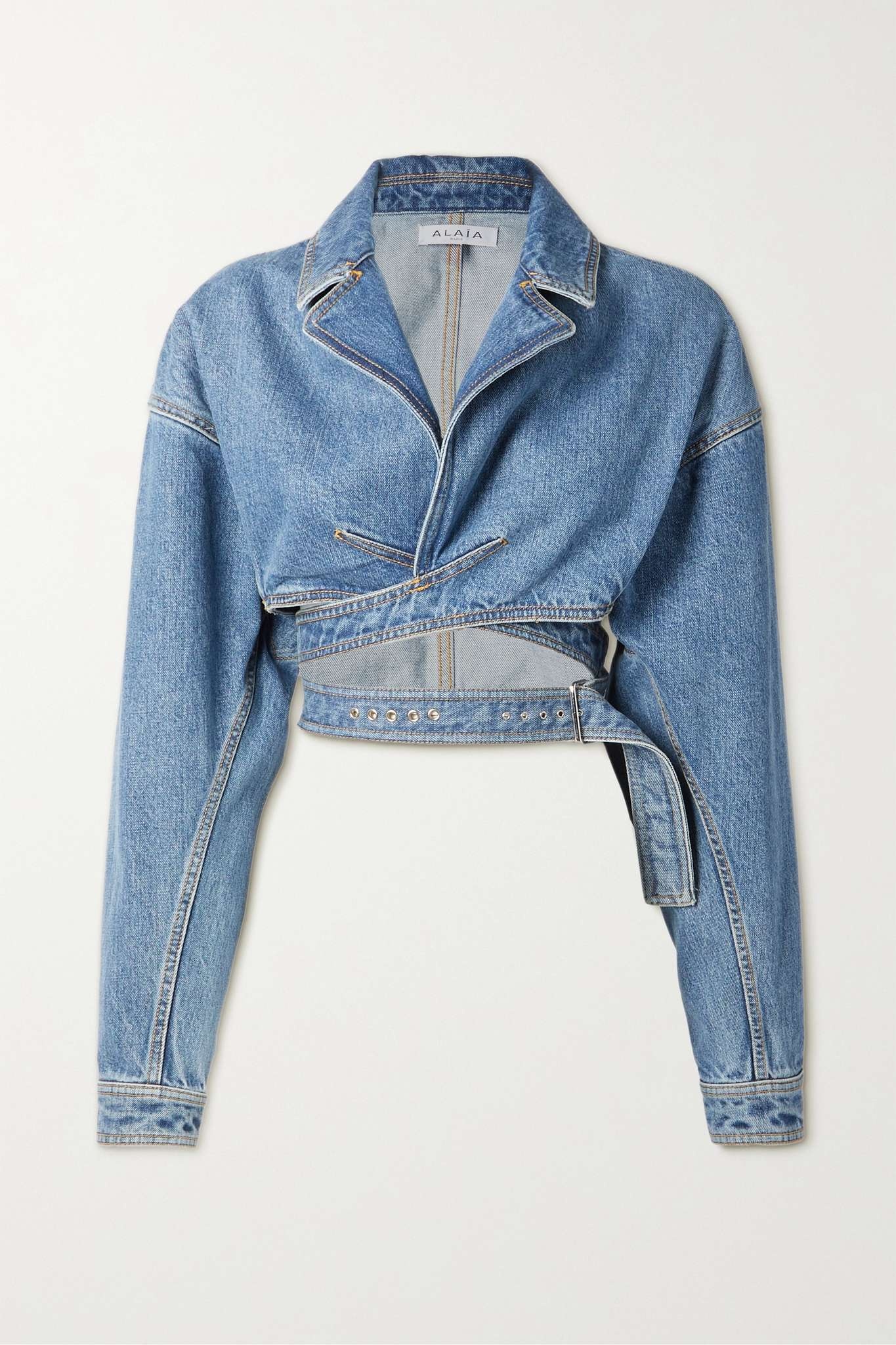 Alaïa Archetypes cropped wrap-effect denim jacket REVERSIBLE