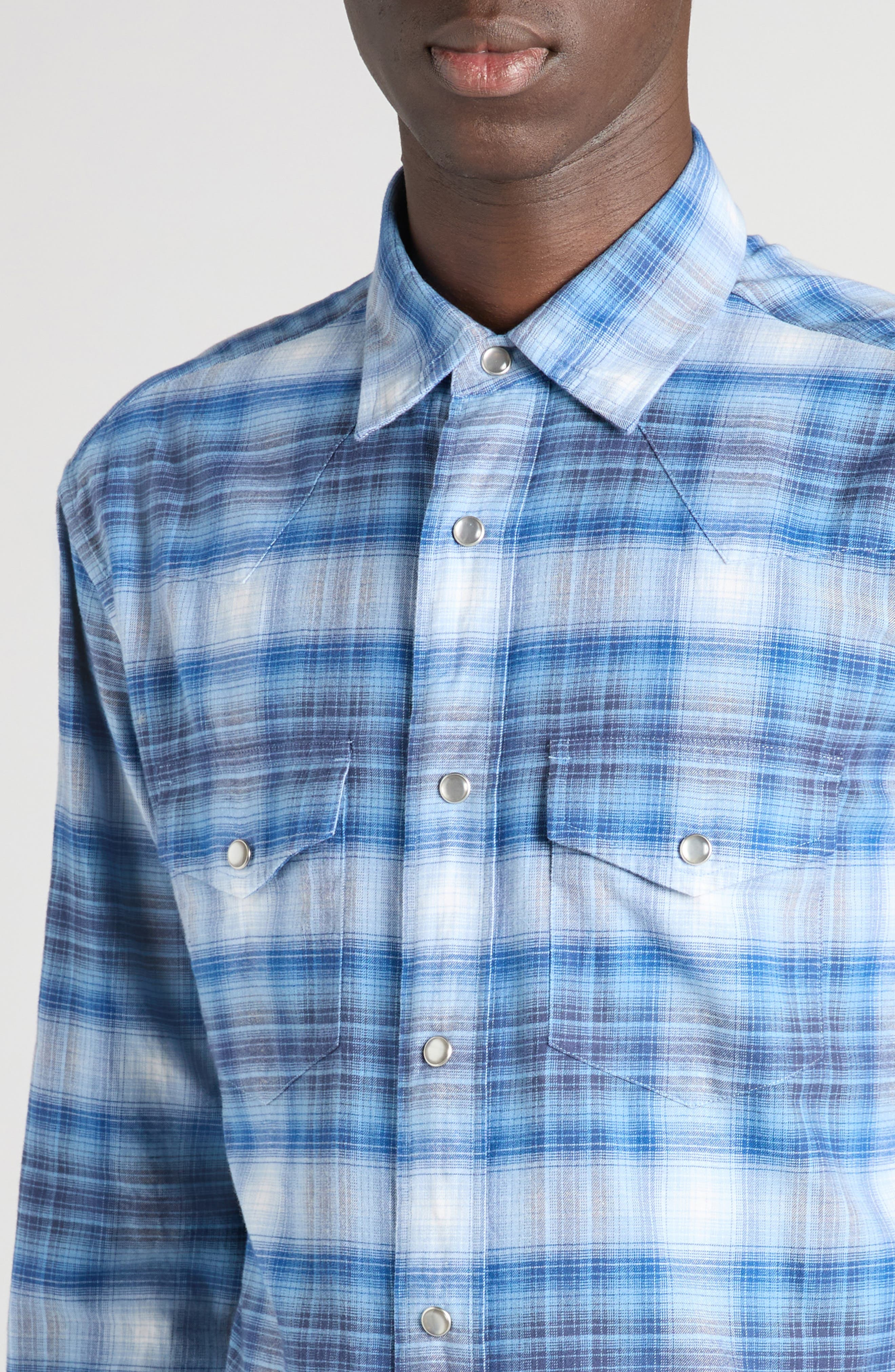 TOM FORD Slim Fit Defused Check Western Shirt in Combo Blue Shades at Nordstrom - 4