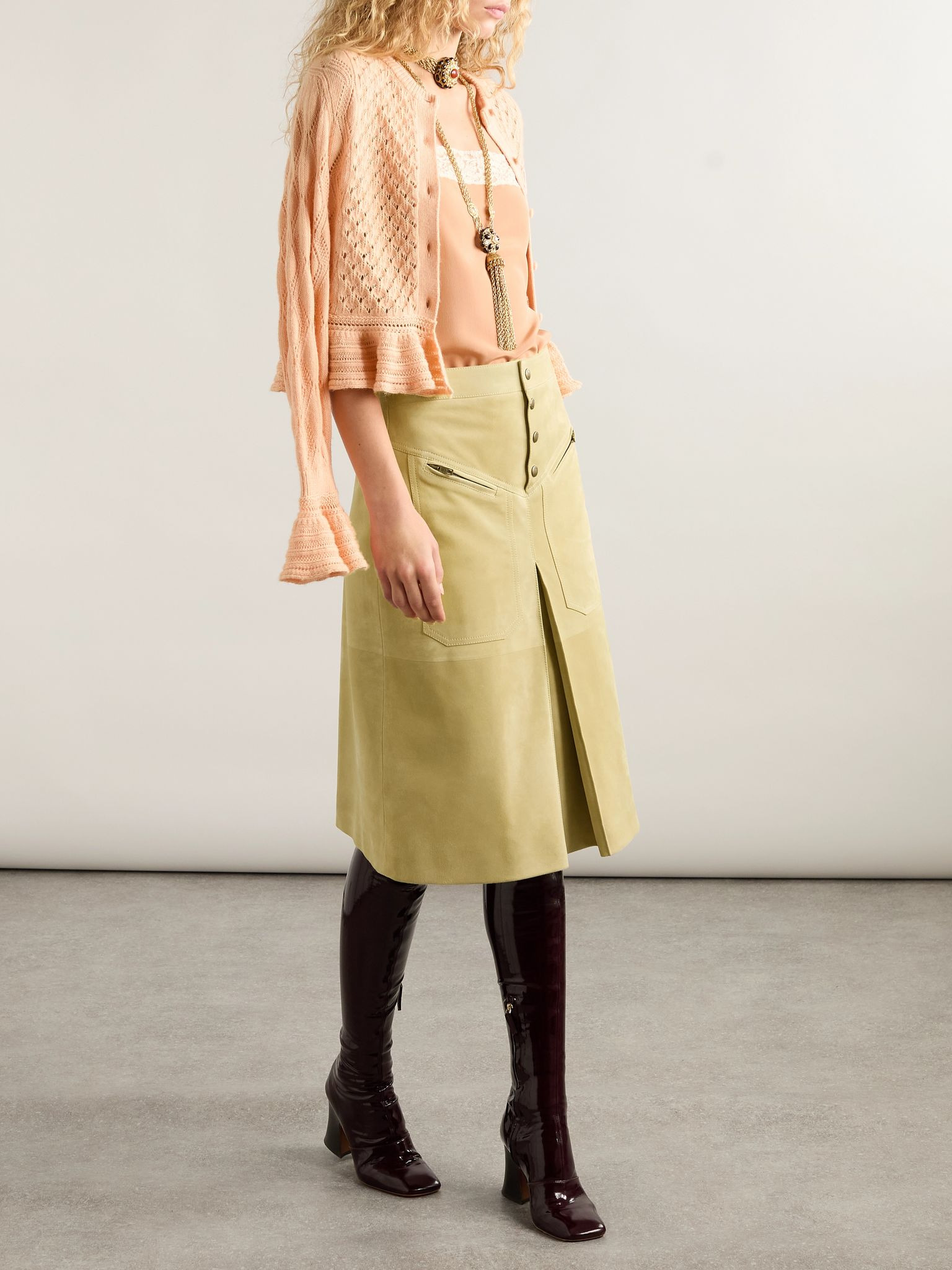 Pleated paneled suede midi skirt Beige - 2