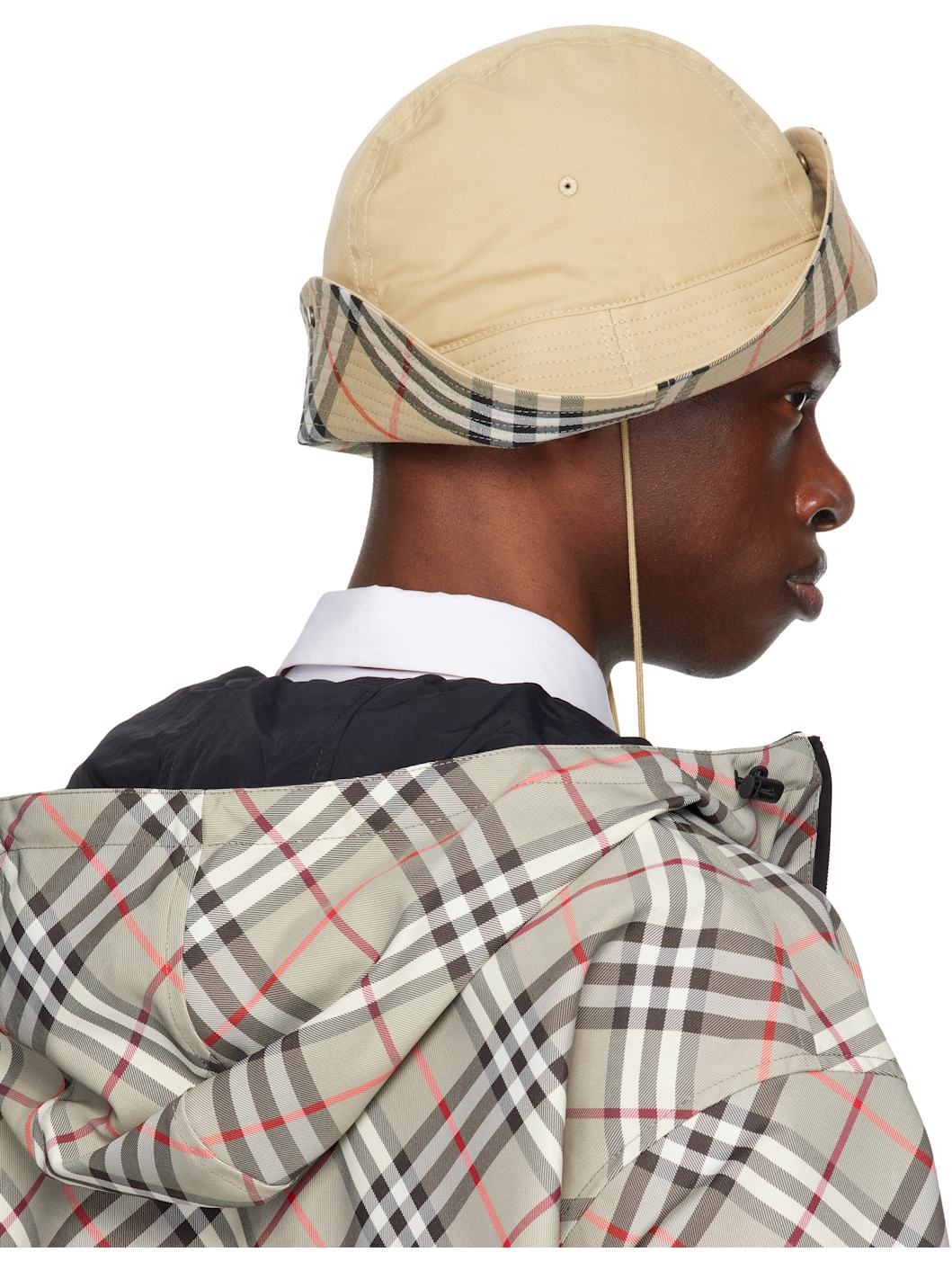 Beige Check Brim Gabardine Bucket Hat - 3