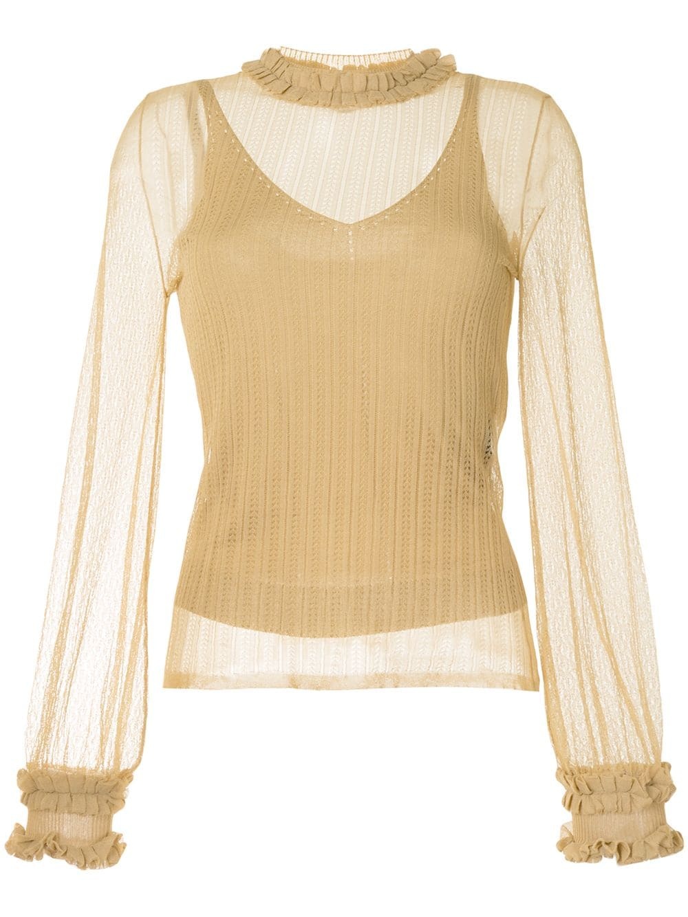 sheer open-knit ruffle-trim top - 1