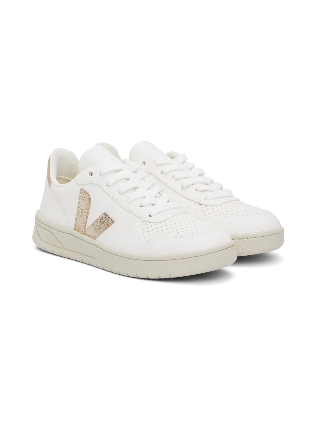 White & Rose Gold V-10 Leather Sneakers - 4