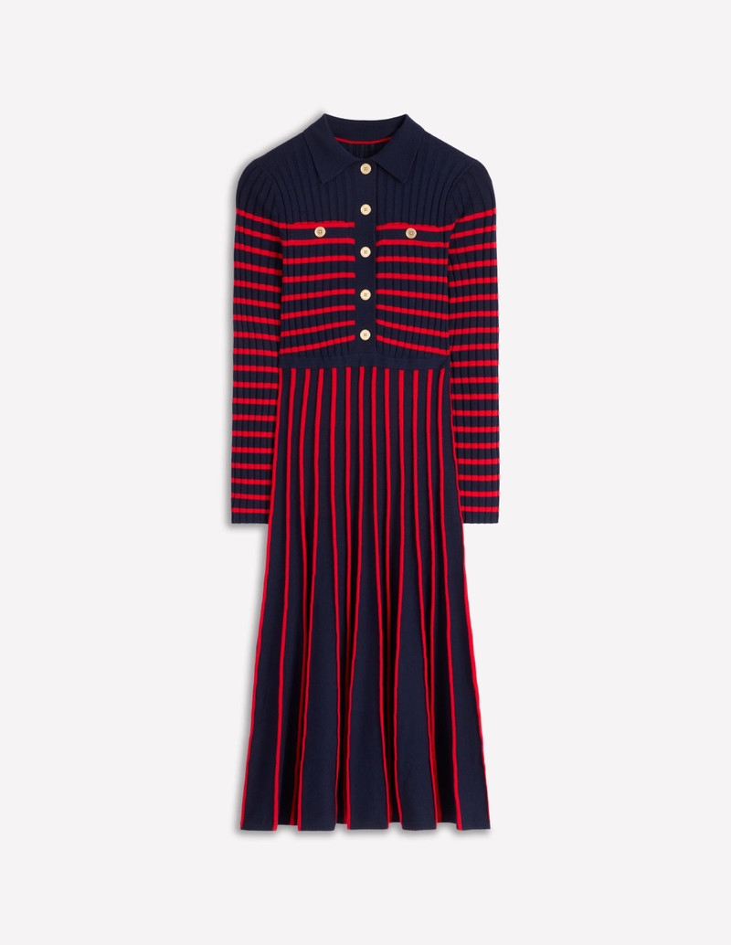 Brönte Knitted Rib Shirt Dress-Navy and Red Stripe 1