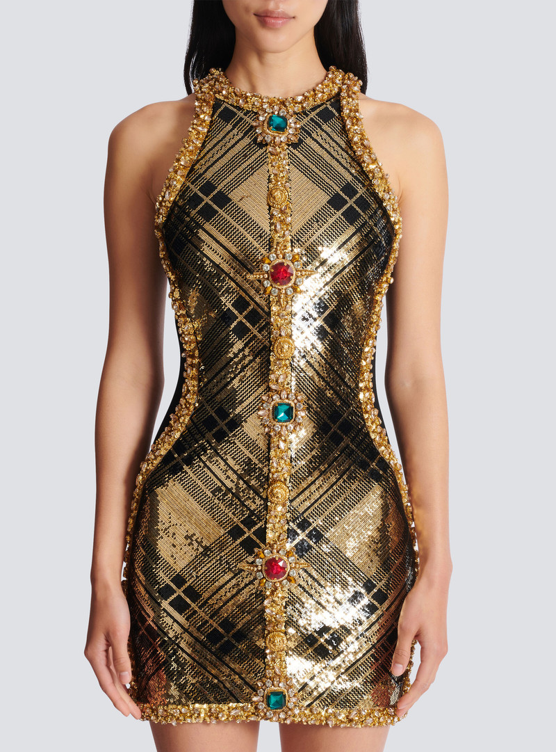 Short sleeveless dress with plaid embroidery 5