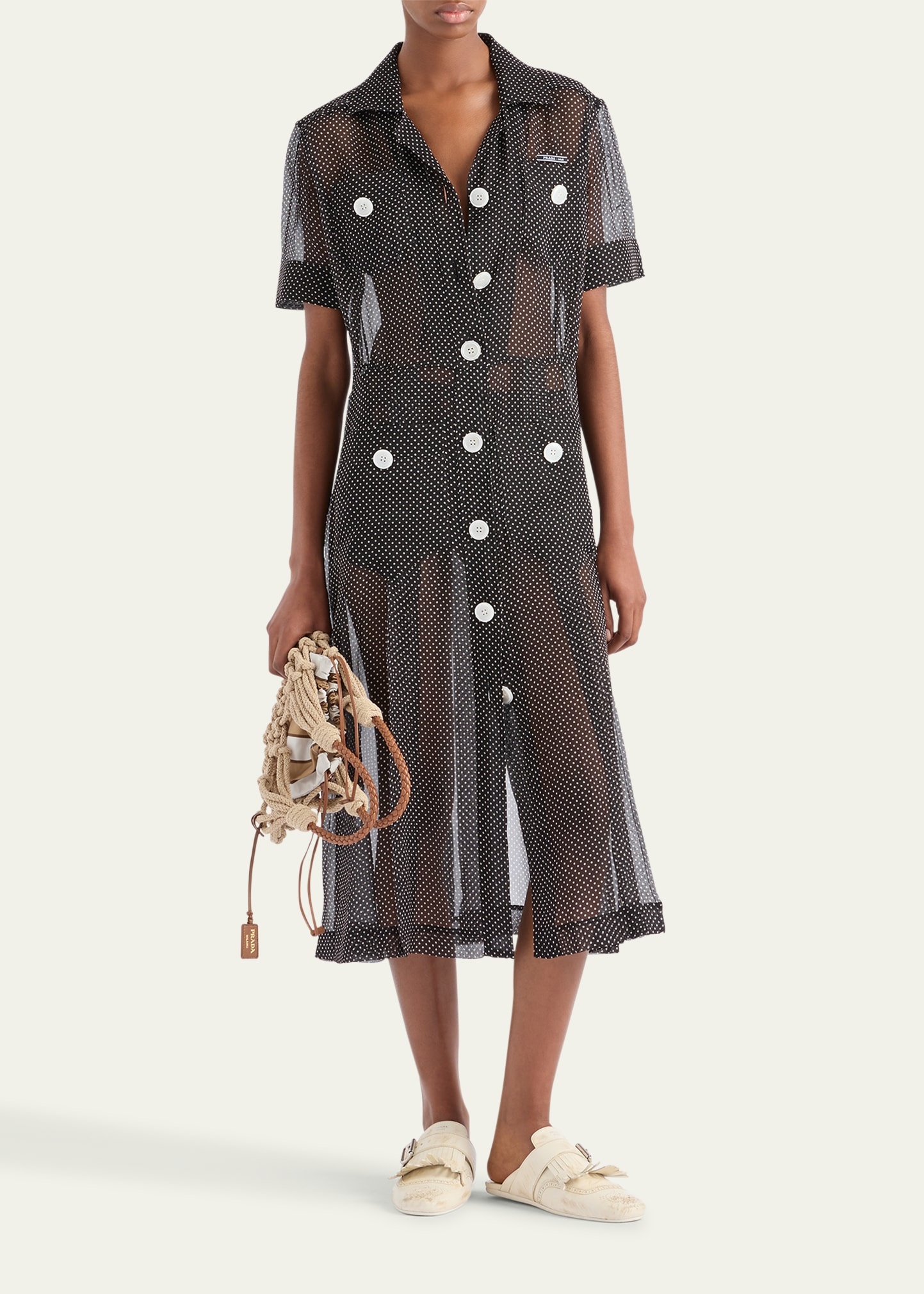 Polka-Dot Chiffon Short-Sleeve Midi Shirtdress - 2
