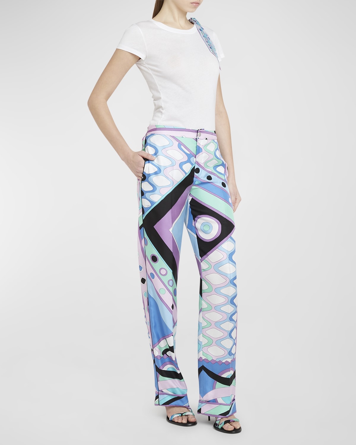 Mid-Rise Abstract-Print Straight-Leg Satin Pajama Trousers - 3