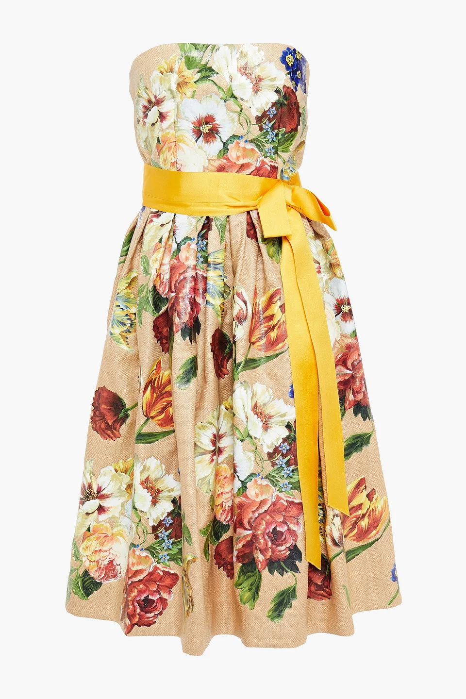 Strapless pleated floral-print canvas dress - 1