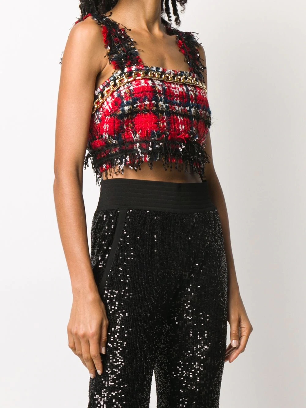 tartan-pattern tweed sleeveless top - 3