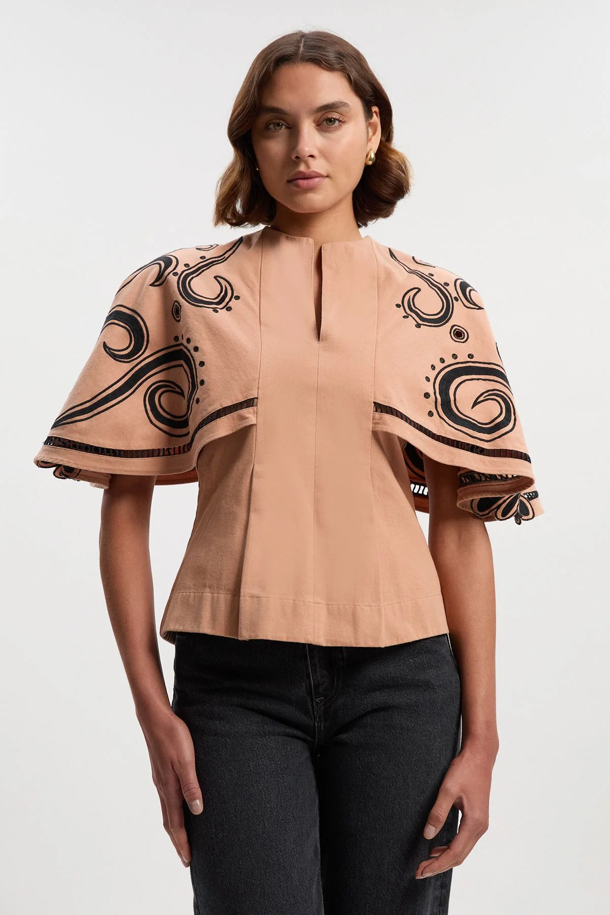 Baroque Embroidered Cape Sleeve Woven Twill Top - 1