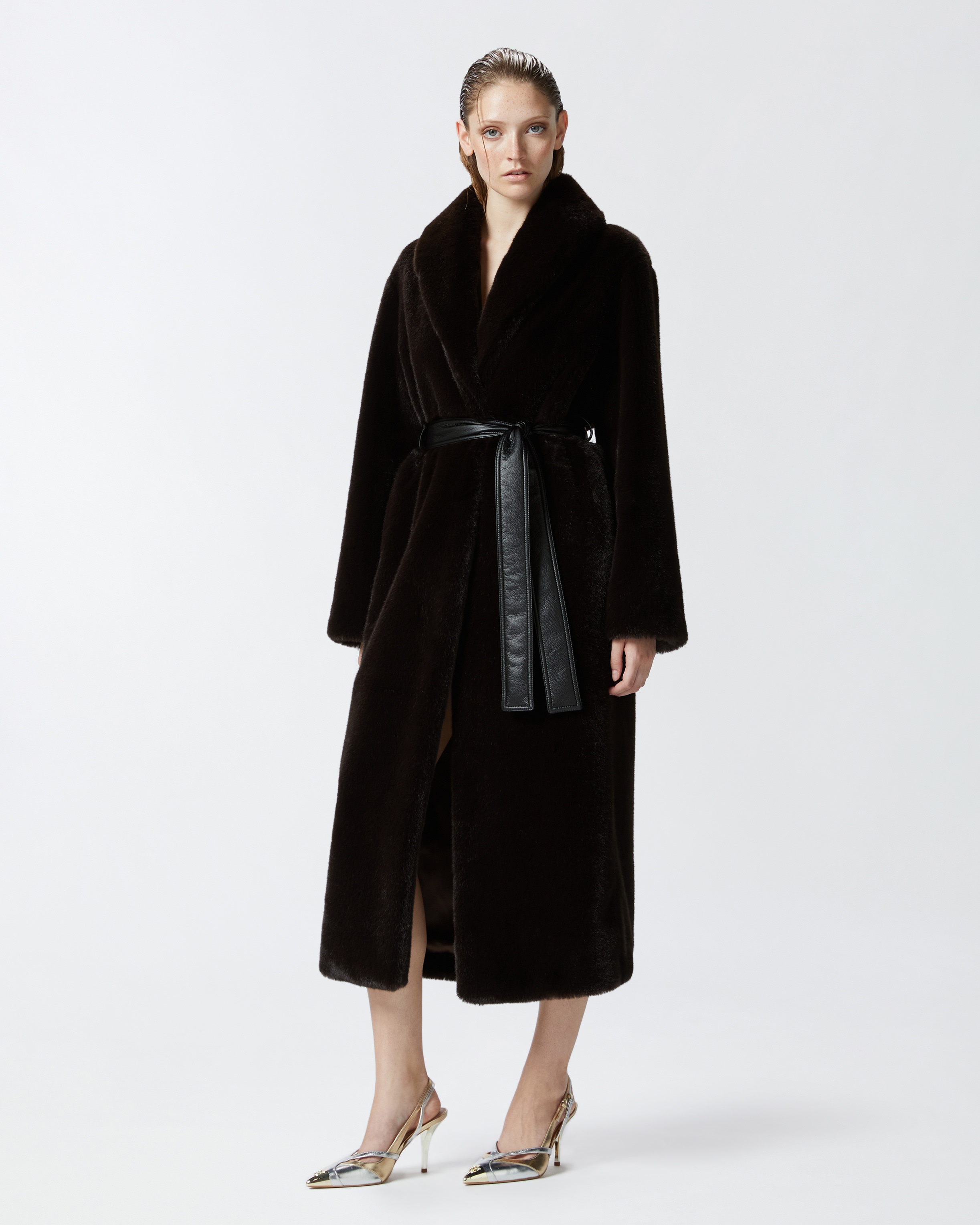 LONG FAUX FUR COAT WITH BELT - 3