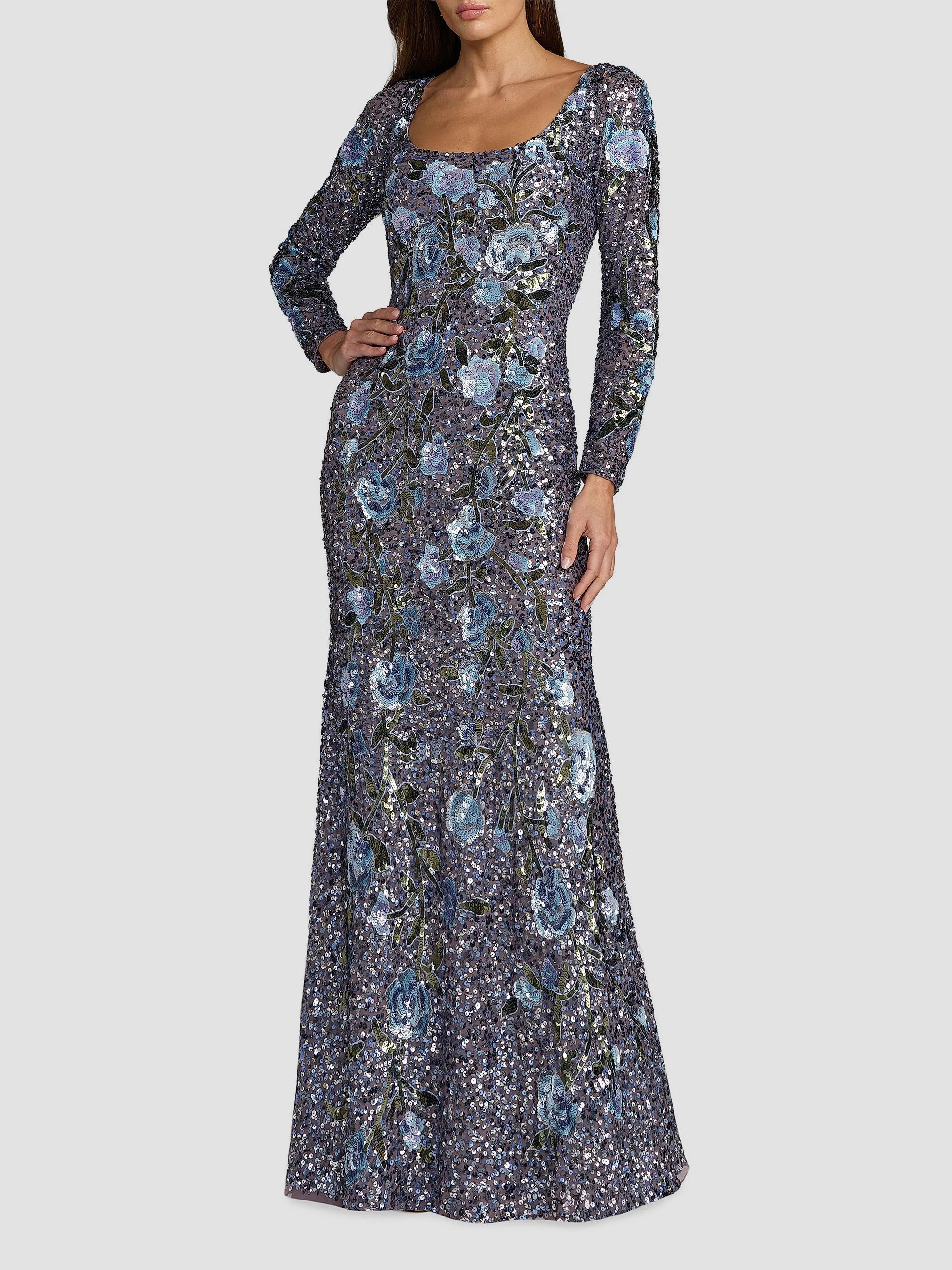 Women's Floral Beaded Mesh Gown - Hydrangea Multi - 1