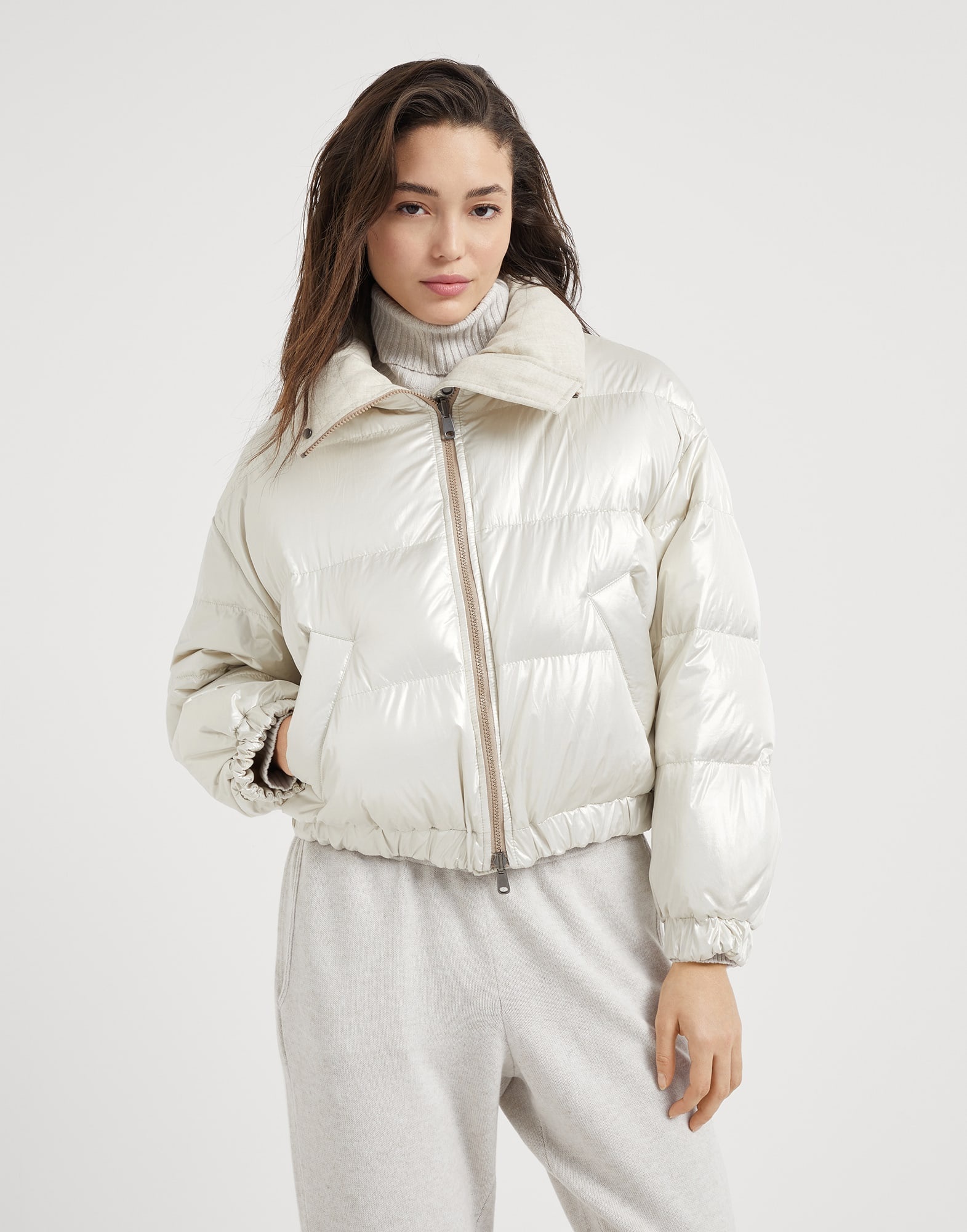 Sparkling canvas down jacket with monili - 1