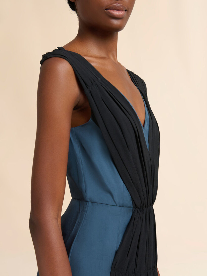 TURQUOISE TWILL DRESS WITH ASYMMETRIC DRAPING 4