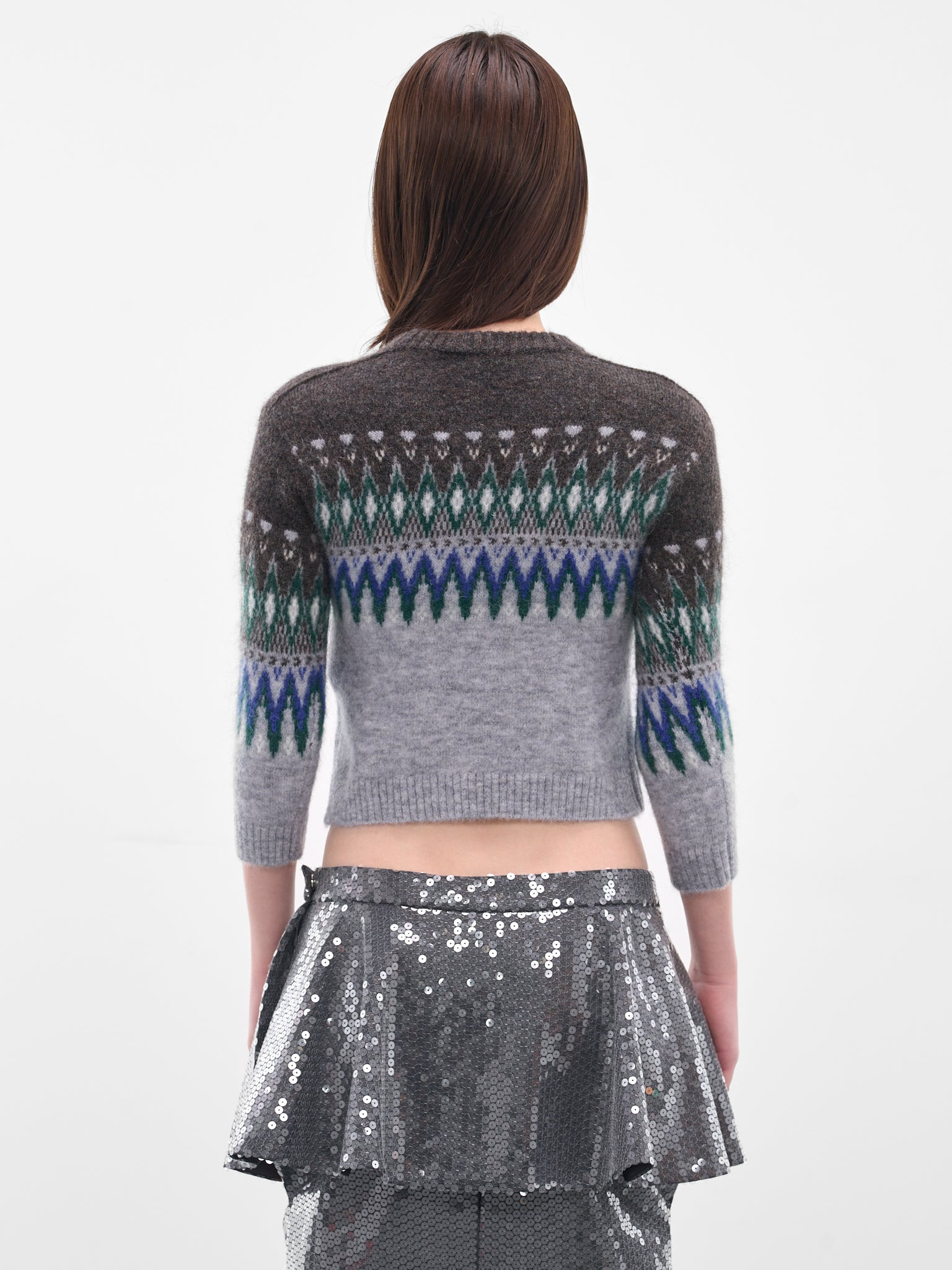 Gray Jacquard Knit Cropped Sweater - 3