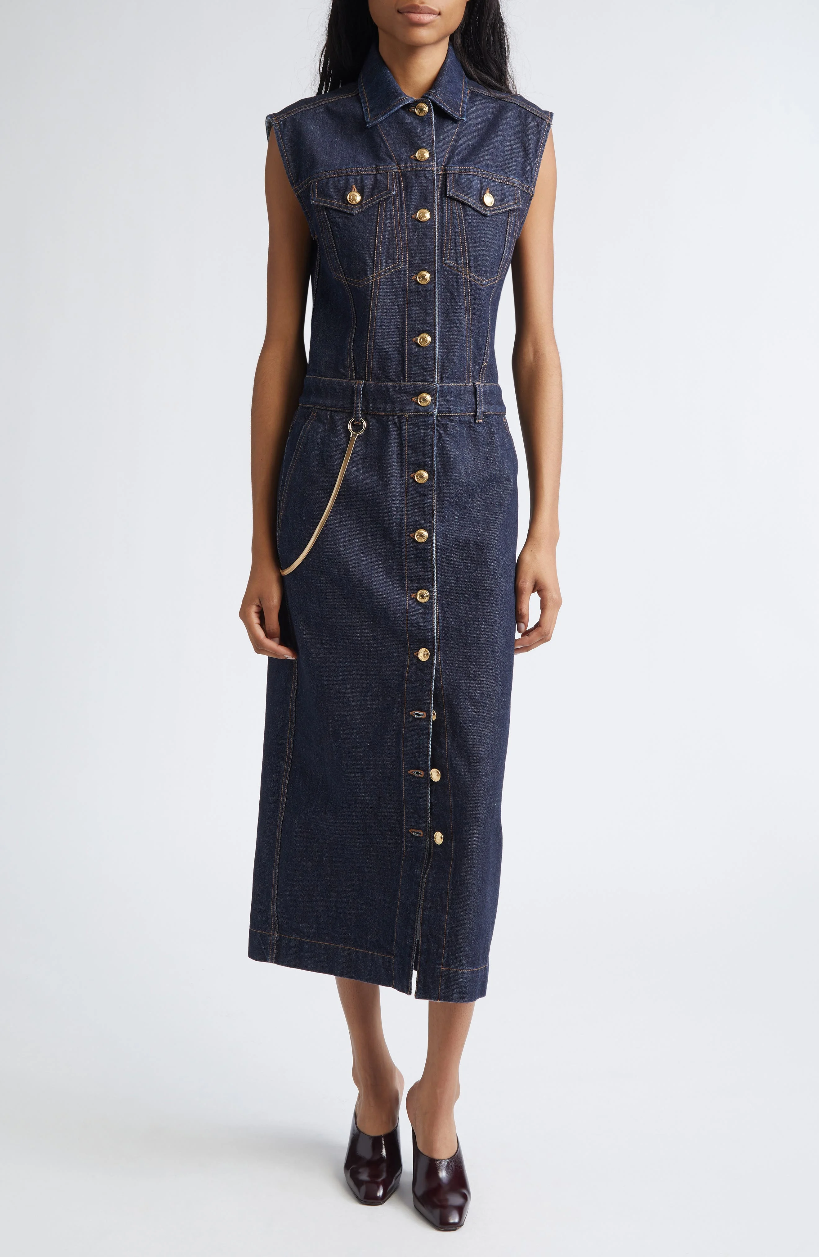 SPORTMAX Farfalla Sleeveless Denim Utility Dress in Midnight Blue at Nordstrom - 1