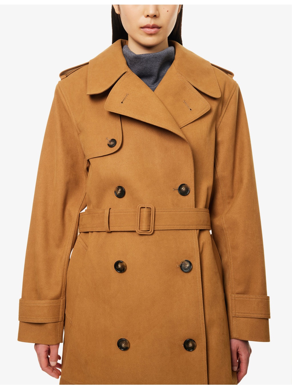 Double-Breasted Belted Suede Trench Coat - 5