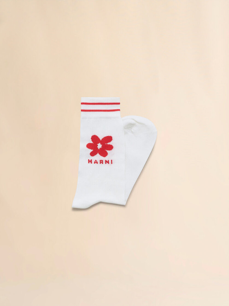 Marni WHITE COTTON SOCKS WITH RED JACQUARD FLOWER DETAIL outlook