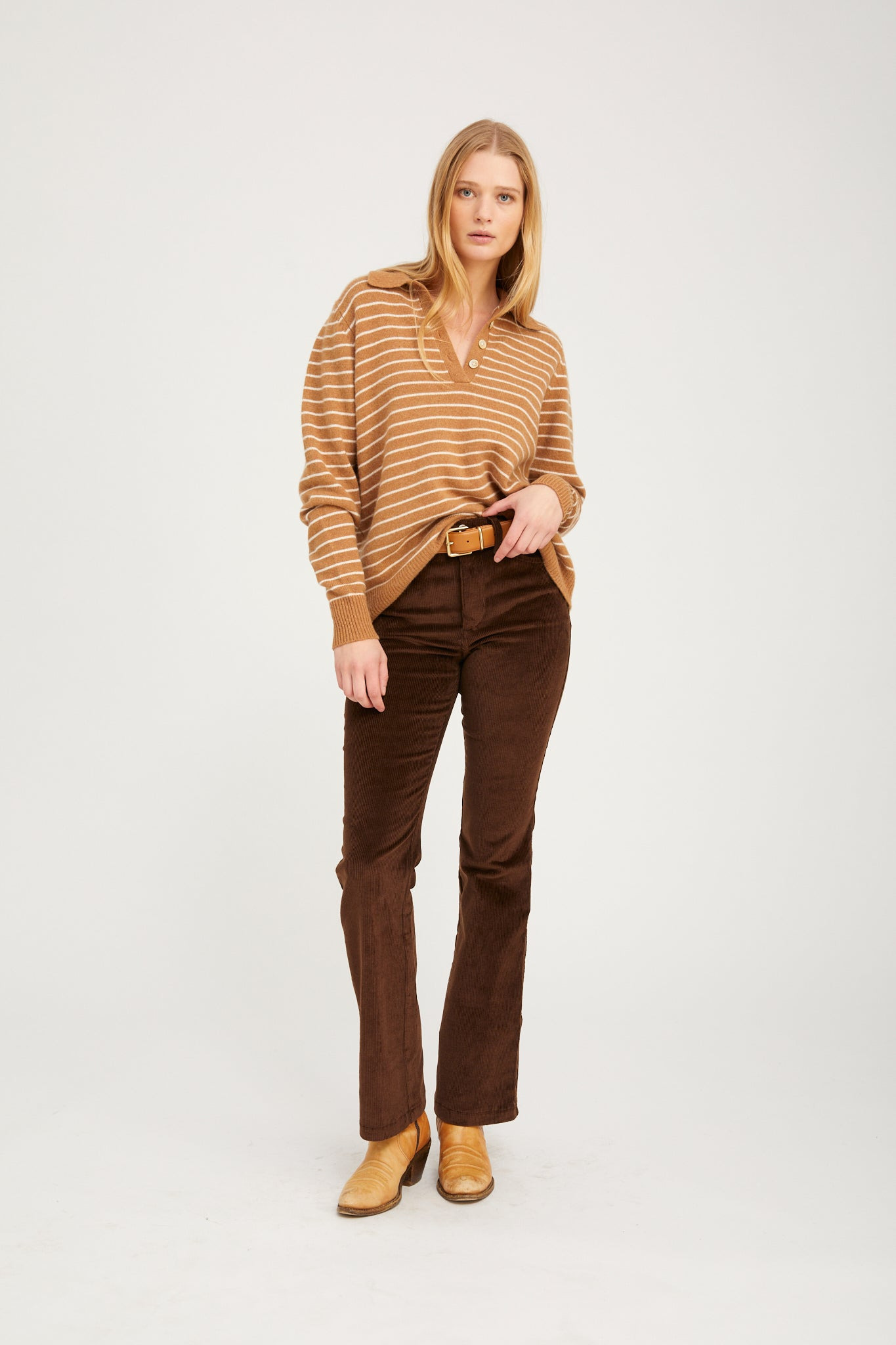 CAMEL STRIPE CASHMERE POLO SWEATER - 4
