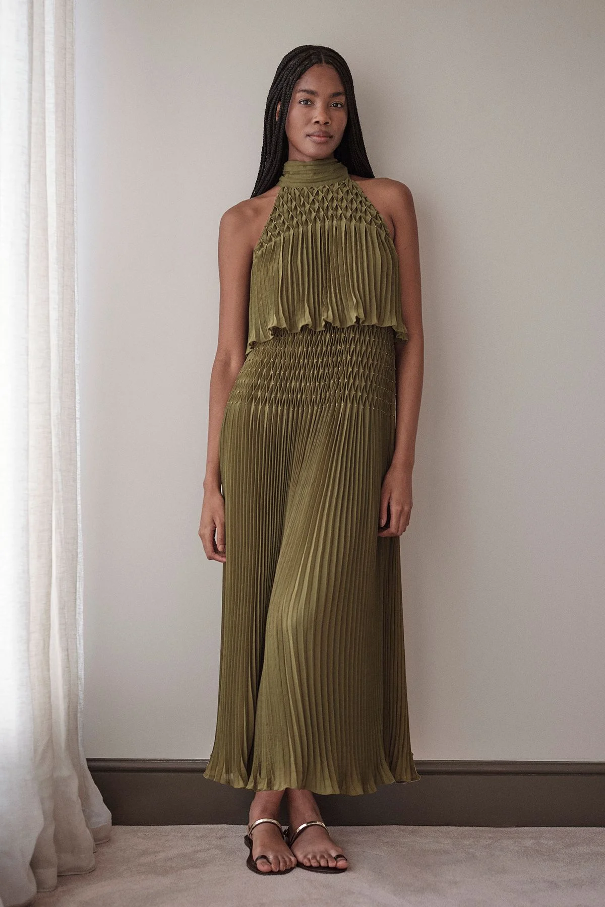Placement Pleated Halterneck Maxi Dress - 1