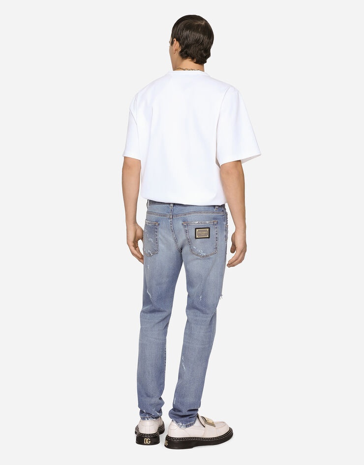 Light blue slim-fit stretch jeans with rips - 2